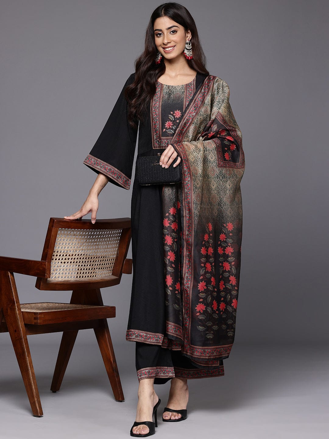 The Kurti Collection Women Black Floral Printed Embellished Anarkali Kurta Paired With Bottom And Printed Dupatta