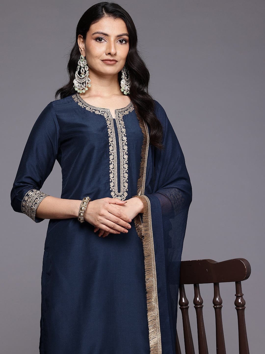 The Kurti Collection Women Round Neck Embroidered Kurta With Tonal Bottom And Dupata