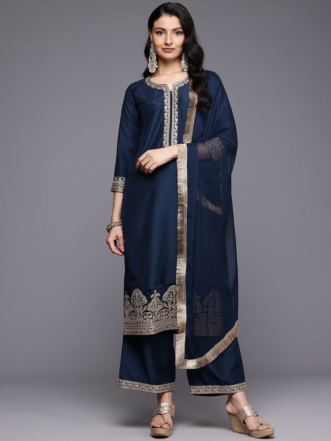 The Kurti Collection Women Round Neck Embroidered Kurta With Tonal Bottom And Dupata