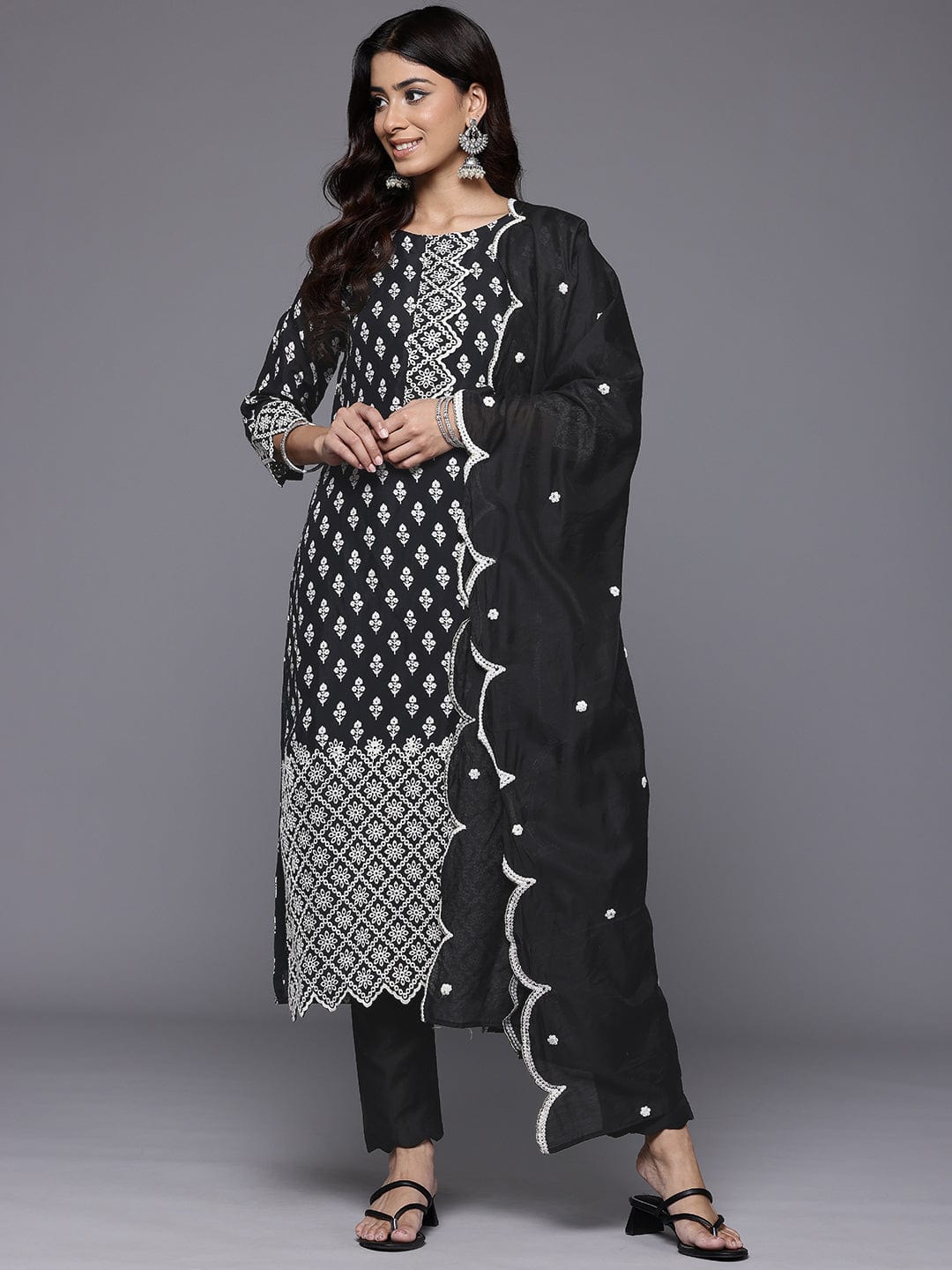 The Kurti Collection Women Black Printed Shiffly Work Kurta With Bottom And Dupatta