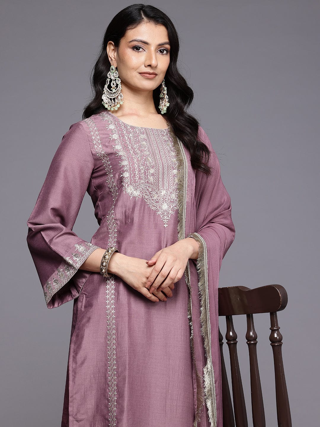 The Kurti Collection Women Mauve Zari Embroidered Sequins Embellished Kurta Set With Dupatta