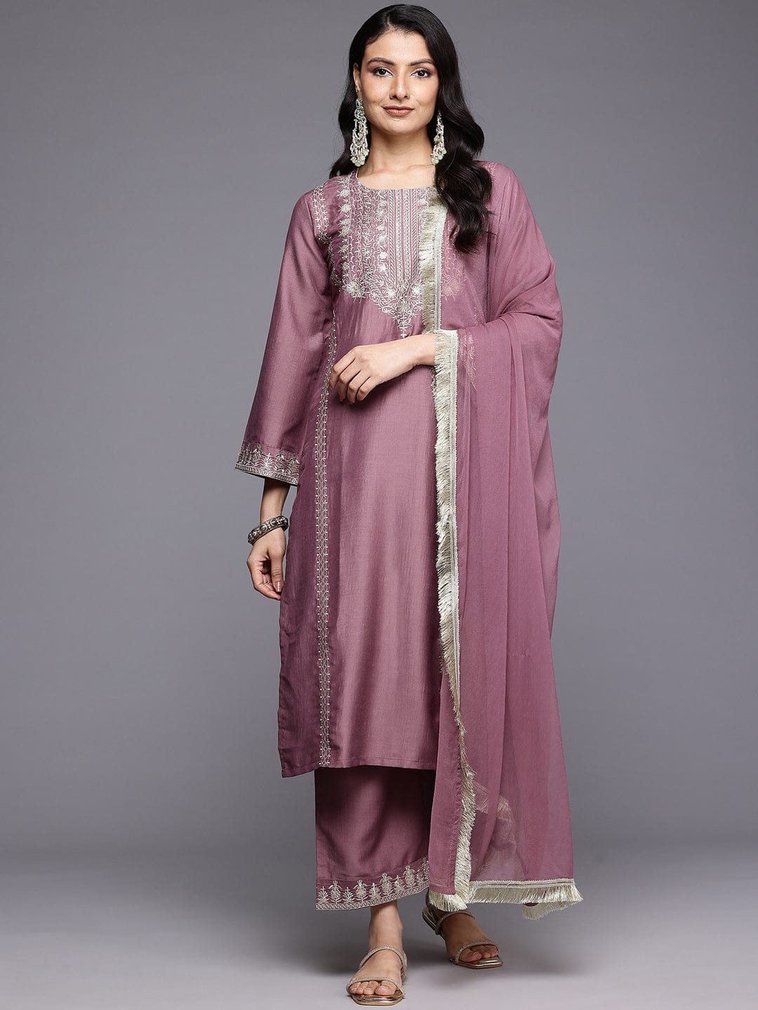 The Kurti Collection Women Mauve Zari Embroidered Sequins Embellished Kurta Set With Dupatta
