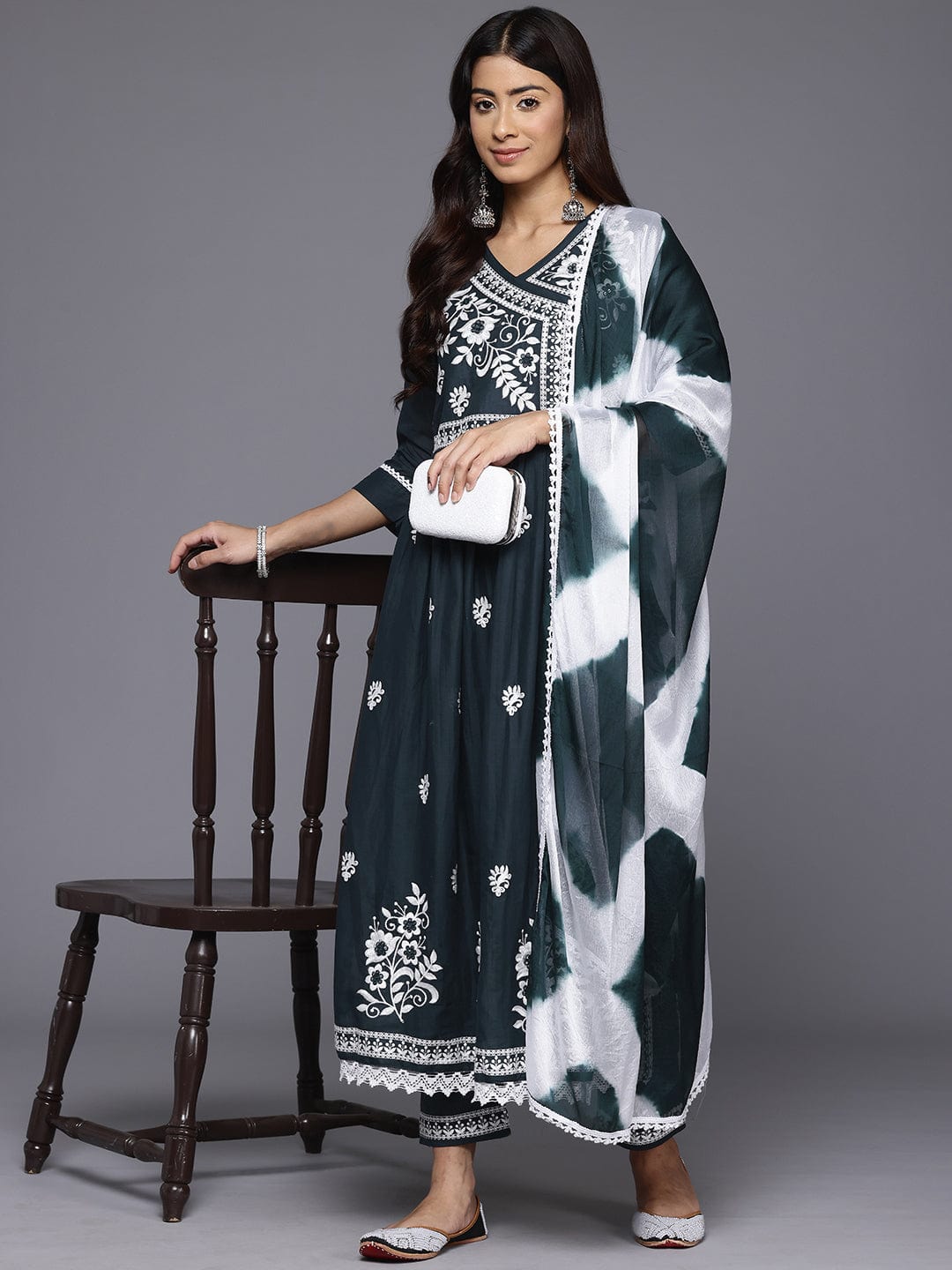 The Kurti Collection Women V-Neck Thread Embroidered, Angarkha Style A- Line Kurta With Bottom And Dupatta