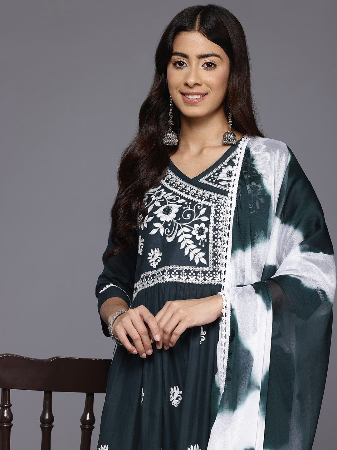 The Kurti Collection Women V-Neck Thread Embroidered, Angarkha Style A- Line Kurta With Bottom And Dupatta
