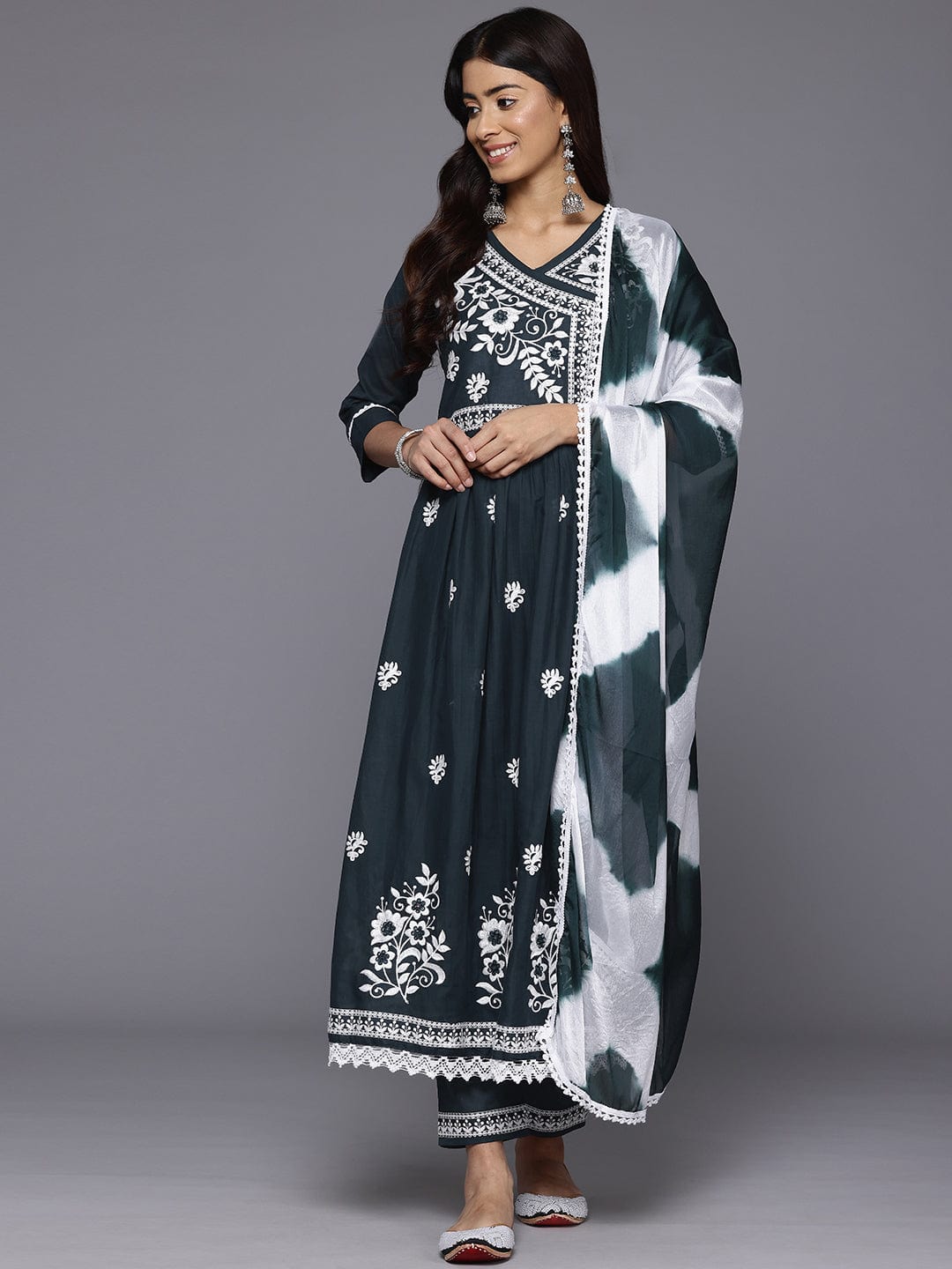 The Kurti Collection Women V-Neck Thread Embroidered, Angarkha Style A- Line Kurta With Bottom And Dupatta