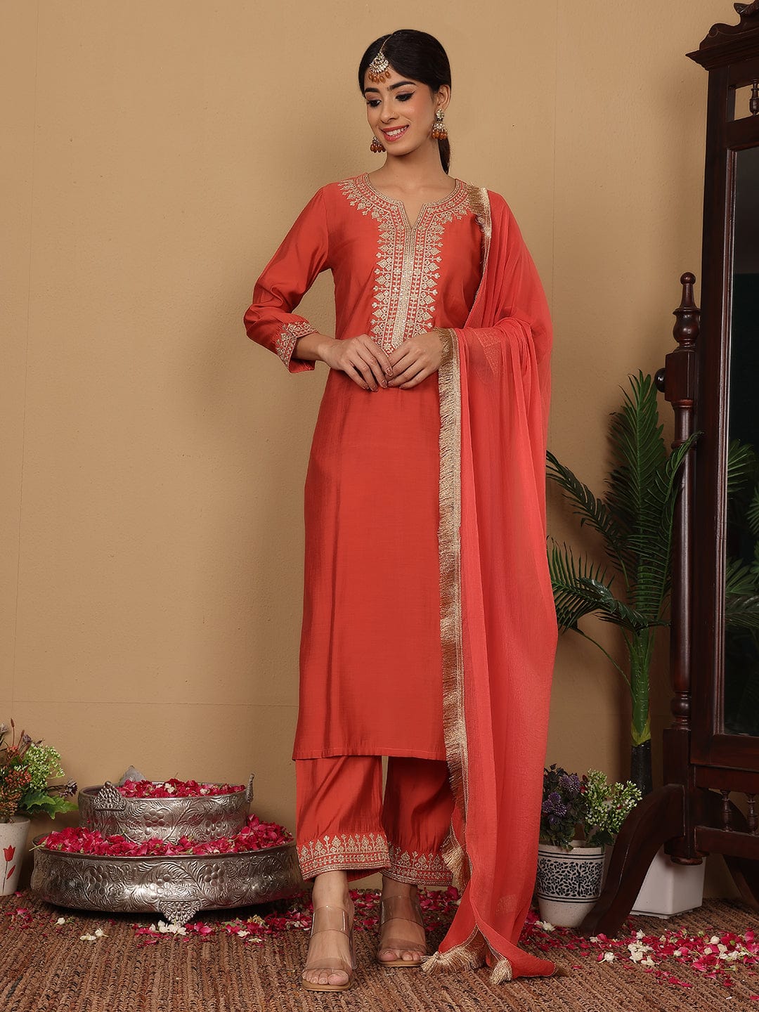 The Kurti Collection Women Silk Red Zari Embroidered Kurta With Bottom And Dupatta