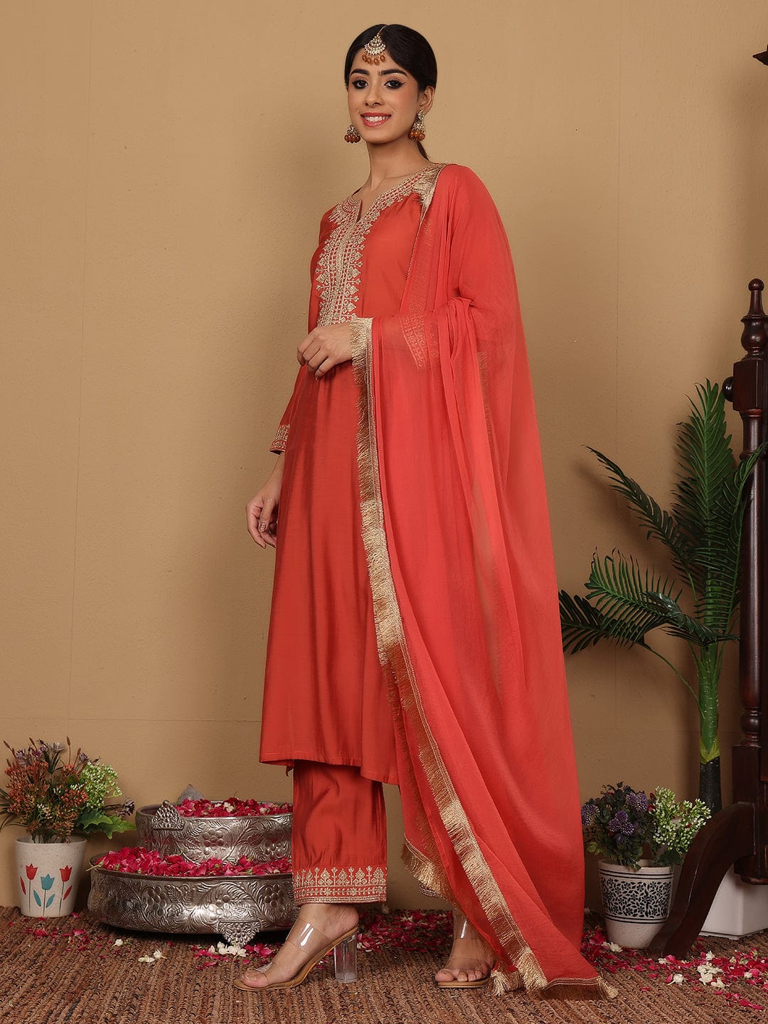 The Kurti Collection Women Silk Red Zari Embroidered Kurta With Bottom And Dupatta