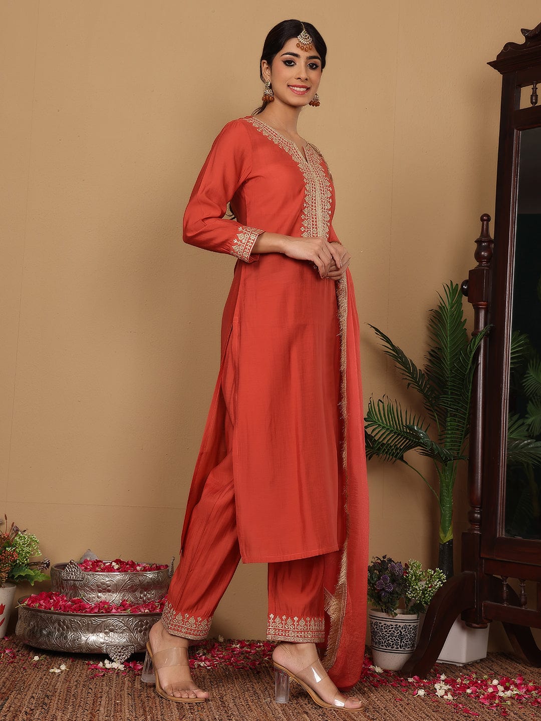 The Kurti Collection Women Silk Red Zari Embroidered Kurta With Bottom And Dupatta