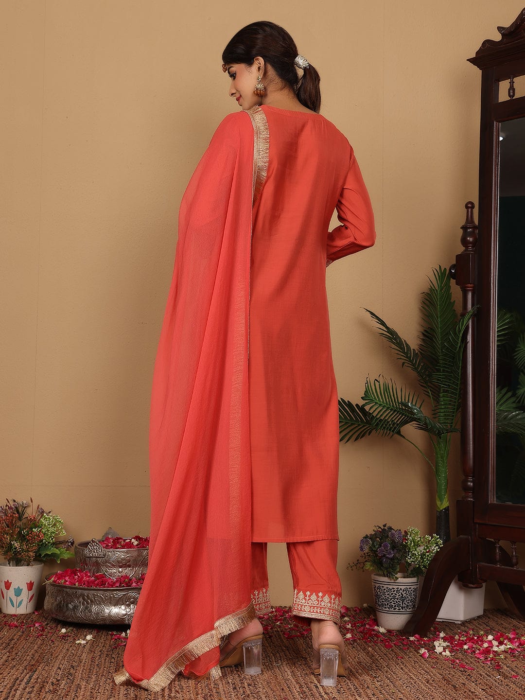 The Kurti Collection Women Silk Red Zari Embroidered Kurta With Bottom And Dupatta
