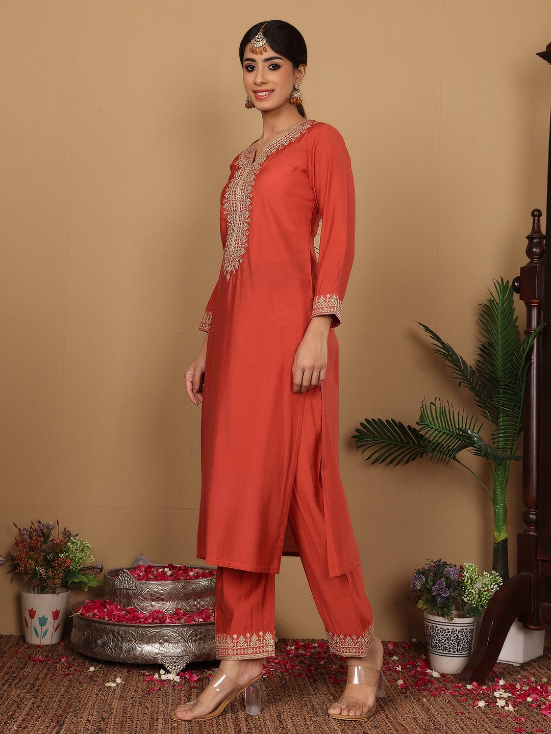 The Kurti Collection Women Silk Red Zari Embroidered Kurta With Bottom And Dupatta