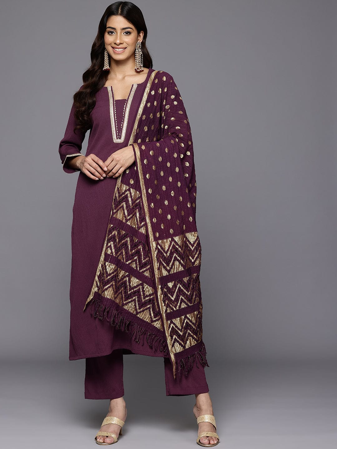 The Kurti Collection Women Purple Gota Lace Embellished Kurta With Bottom And Dupatta
