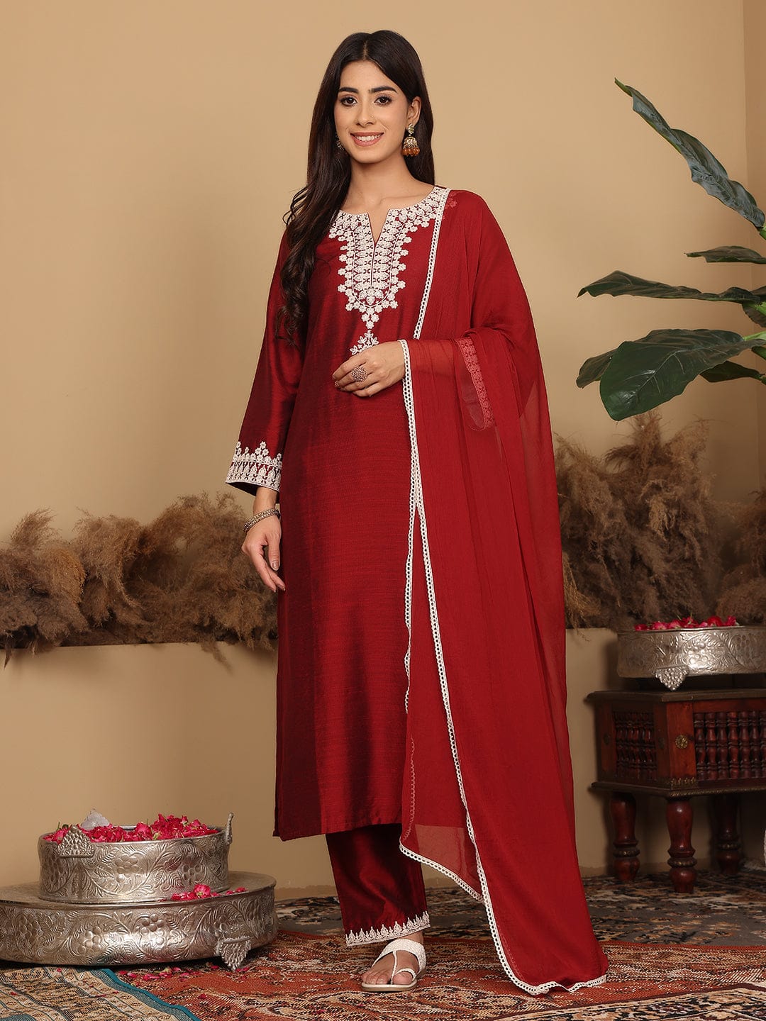 The Kurti Collection Women Maroon Thread Sequin Embriodered Kurta With Bottom And Dupatta