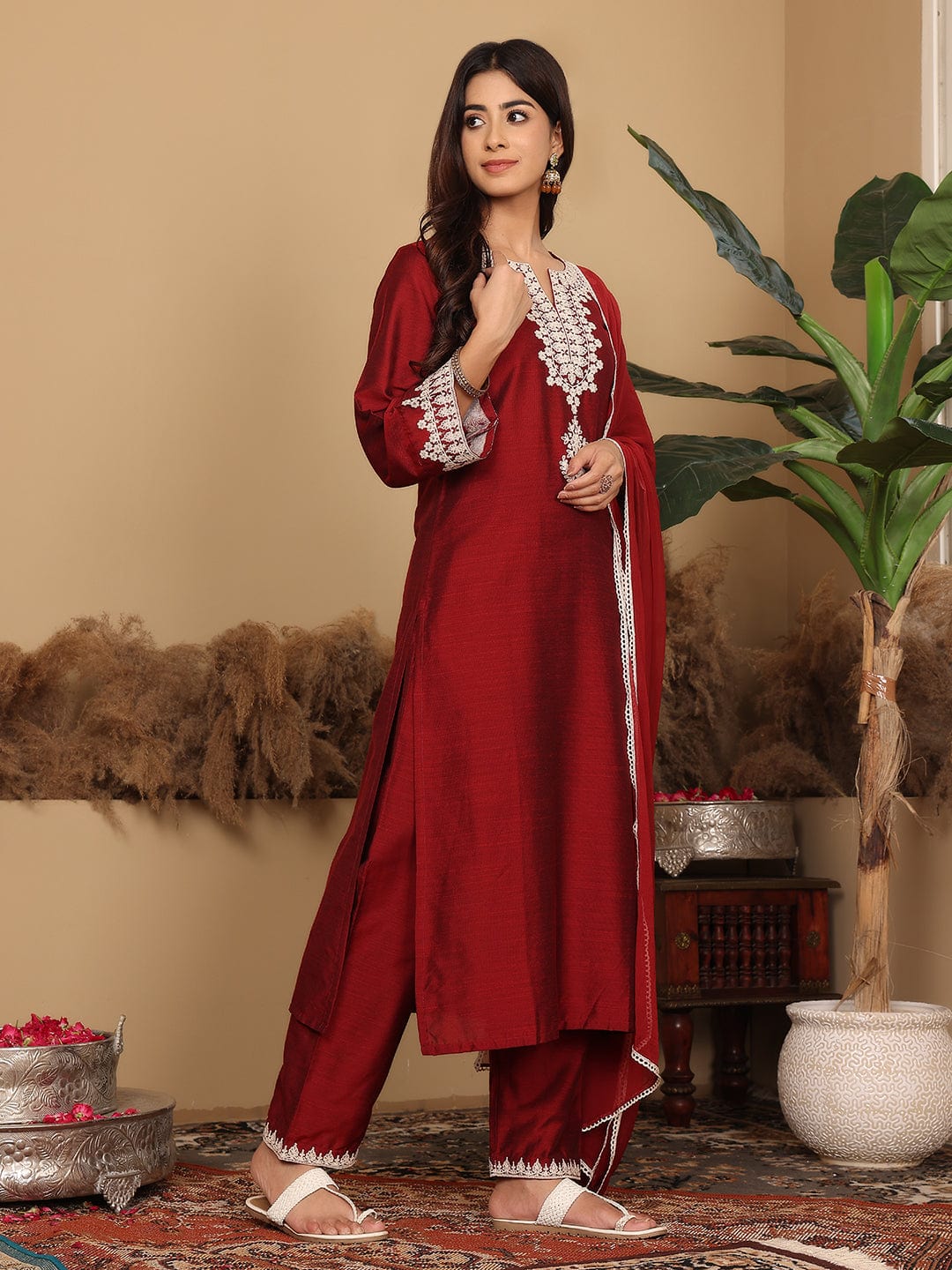 The Kurti Collection Women Maroon Thread Sequin Embriodered Kurta With Bottom And Dupatta