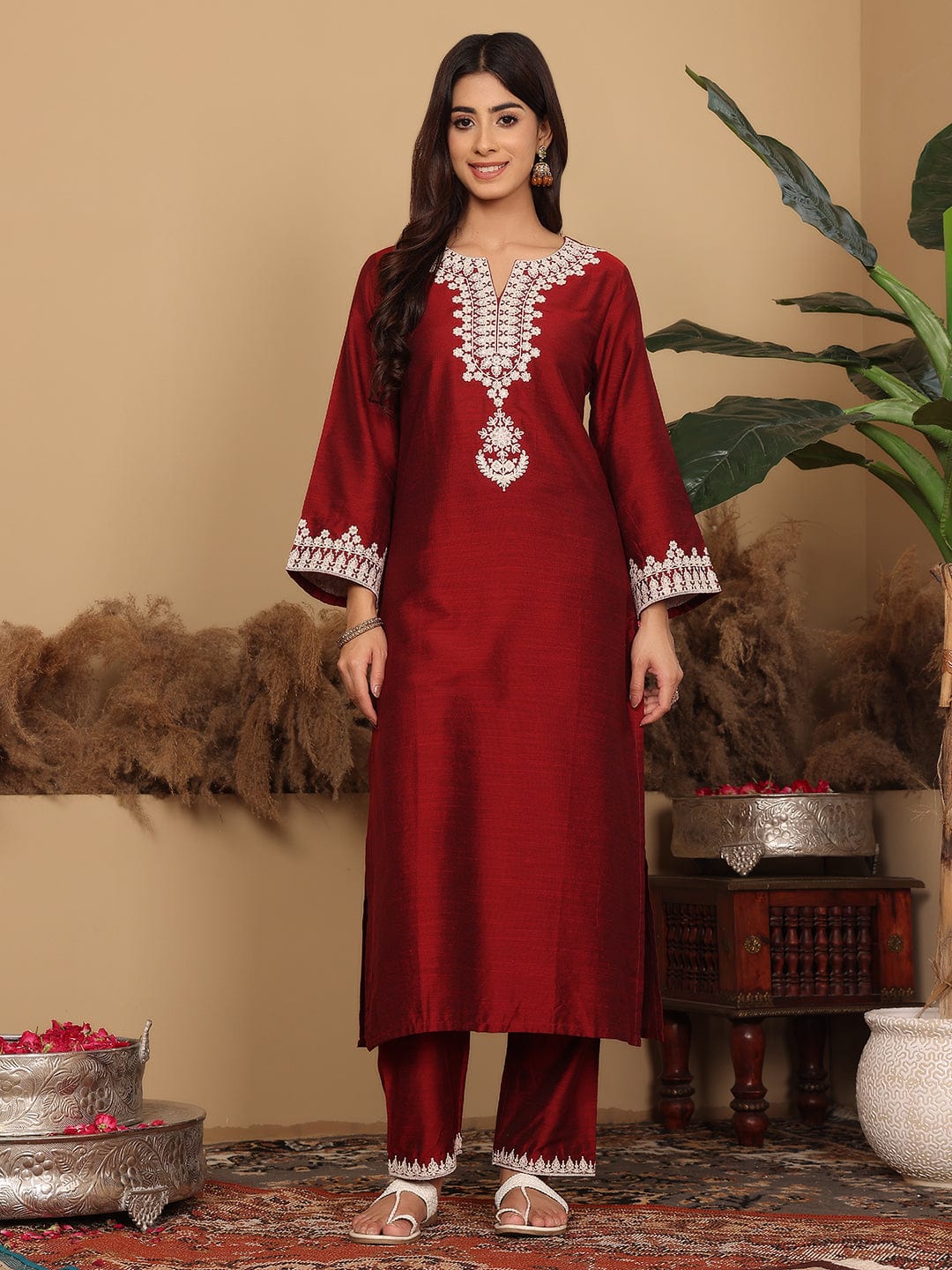 The Kurti Collection Women Maroon Thread Sequin Embriodered Kurta With Bottom And Dupatta