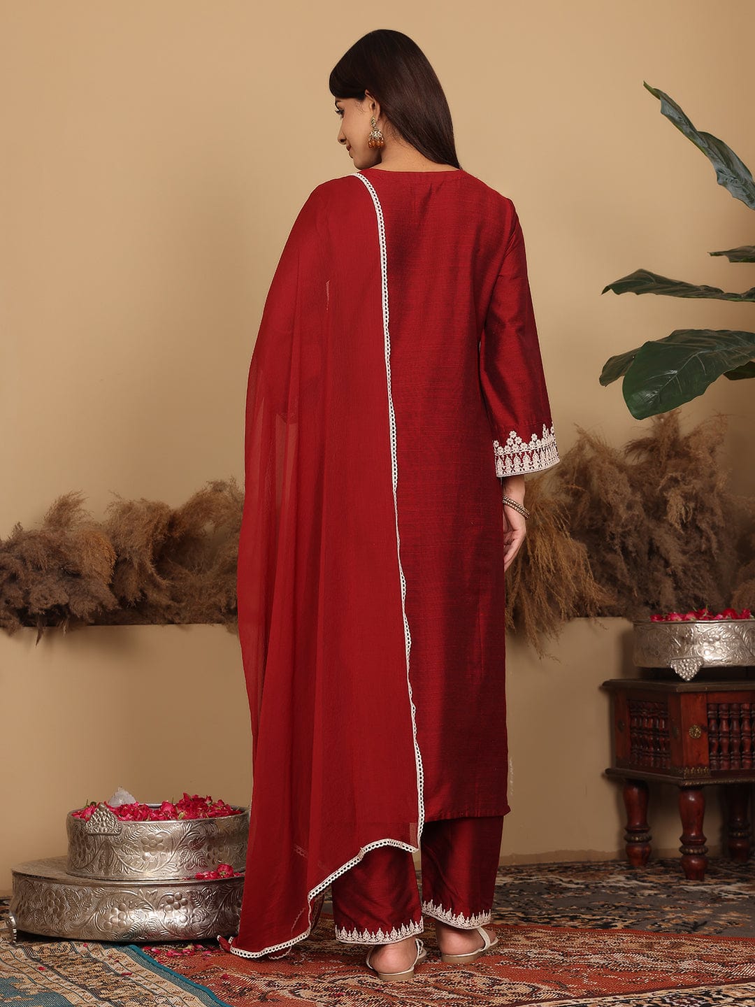 The Kurti Collection Women Maroon Thread Sequin Embriodered Kurta With Bottom And Dupatta