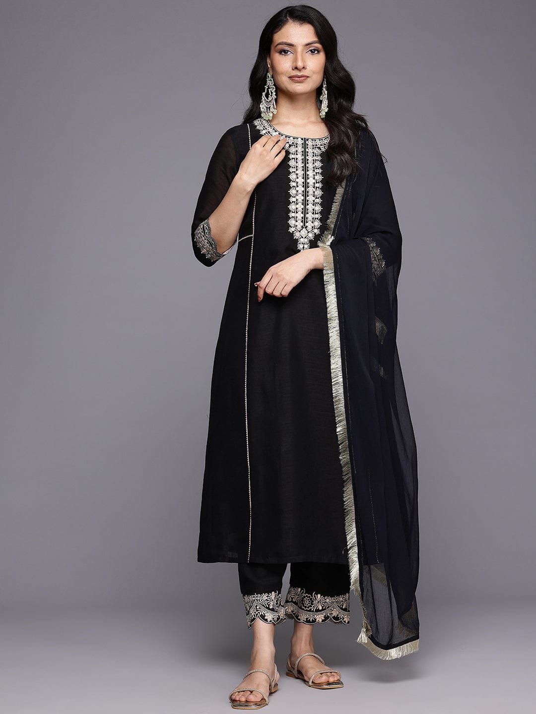 The Kurti Collection Women Black Zari Embroidered Kurta Set with Dupatta