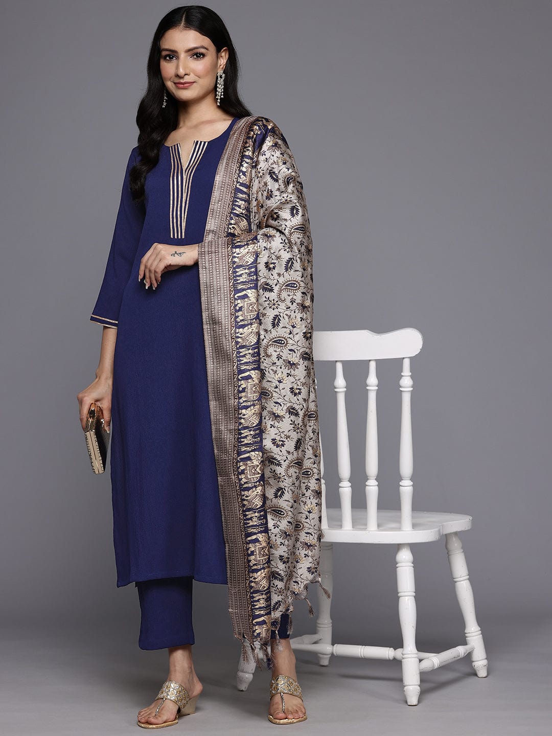 The Kurti Collection Women Navy Blue Round Neck Gotta Embellished Straight Kurta Paired With Printed Dupatta And Tonal Bottom