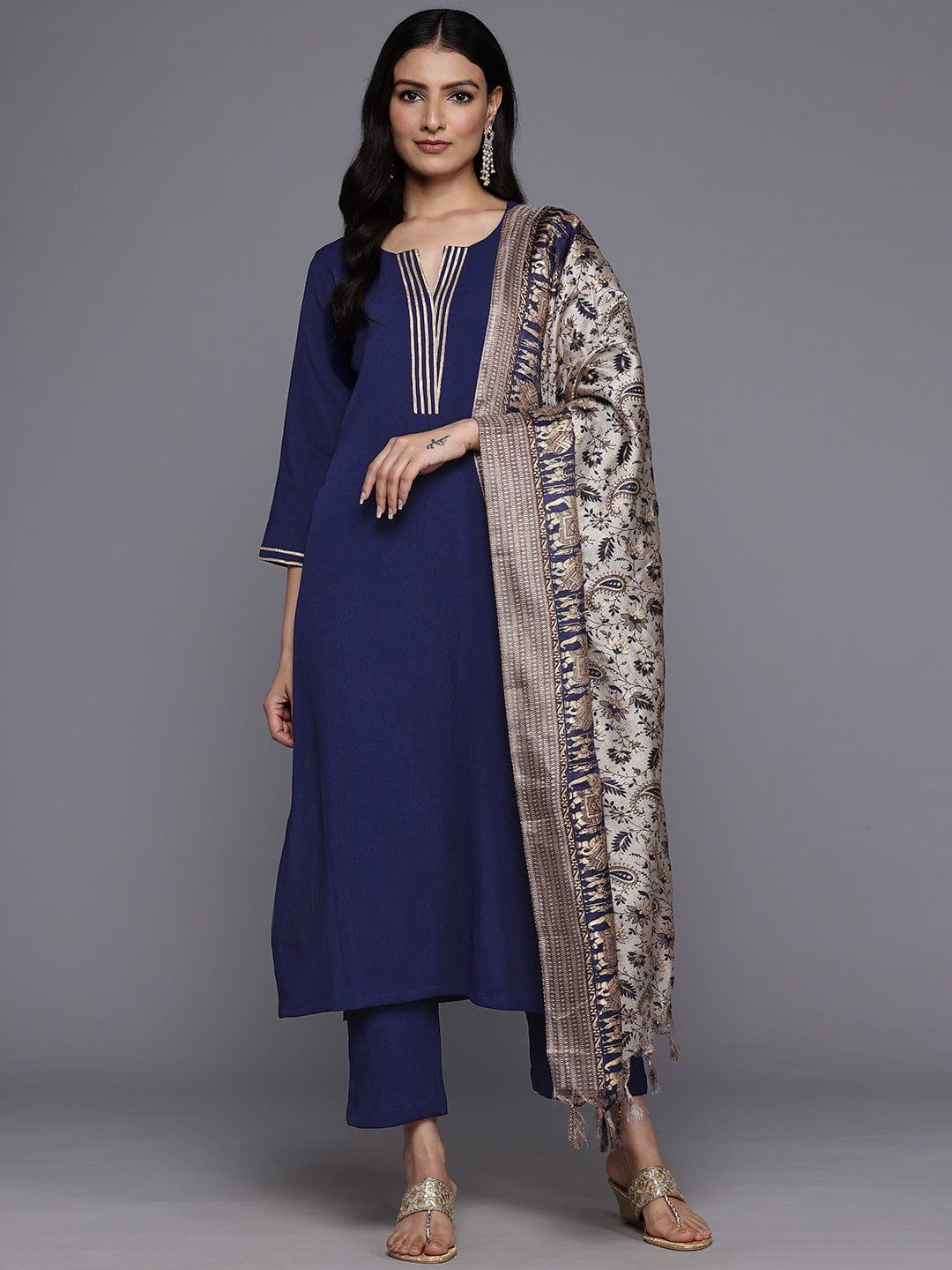 The Kurti Collection Women Navy Blue Round Neck Gotta Embellished Straight Kurta Paired With Printed Dupatta And Tonal Bottom