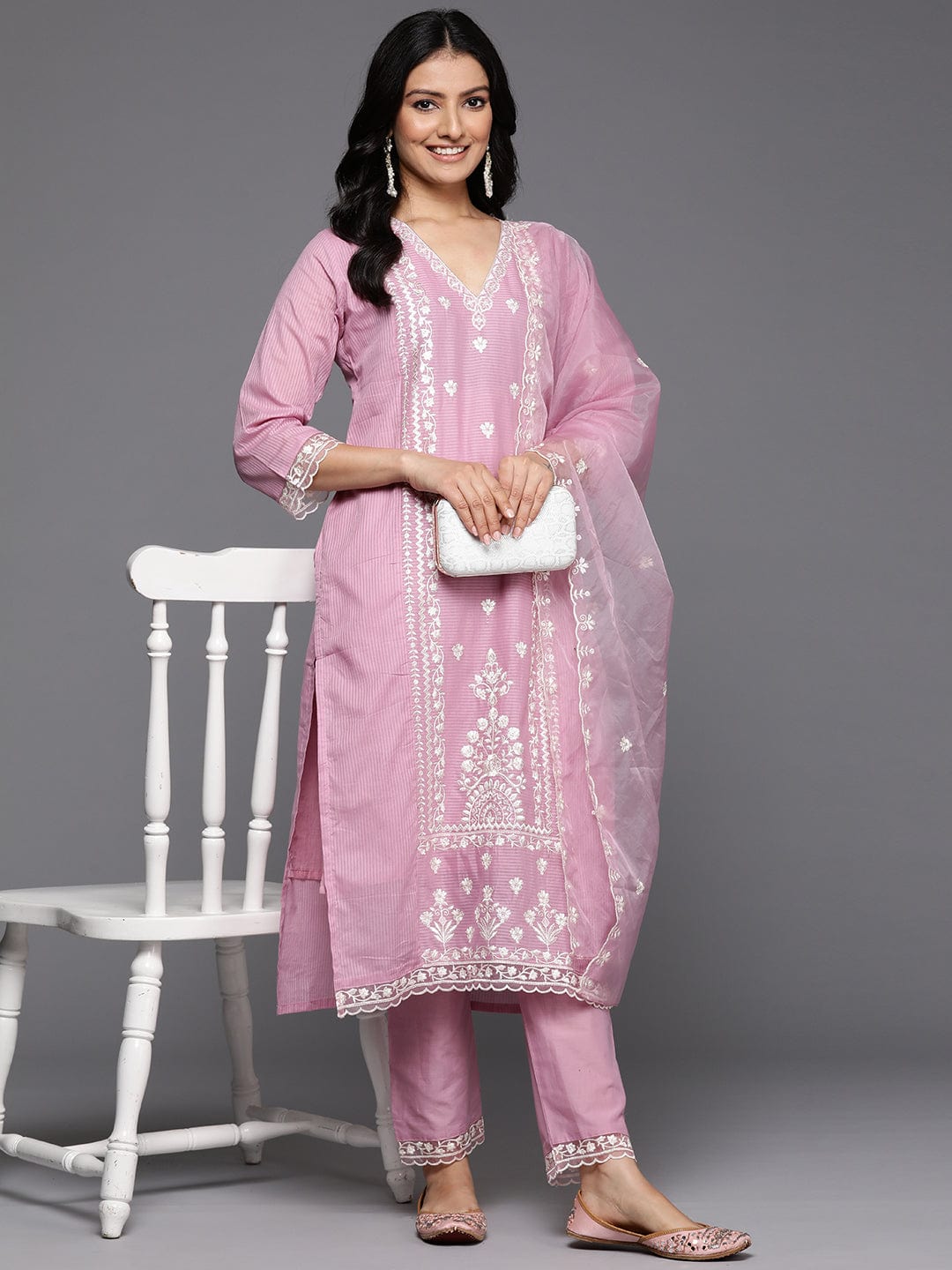 The Kurti Collection Women Pink V Neck Thread & Sequence Embroidered Kurta Paired With Bottom & Embroidered Organza Dupatta