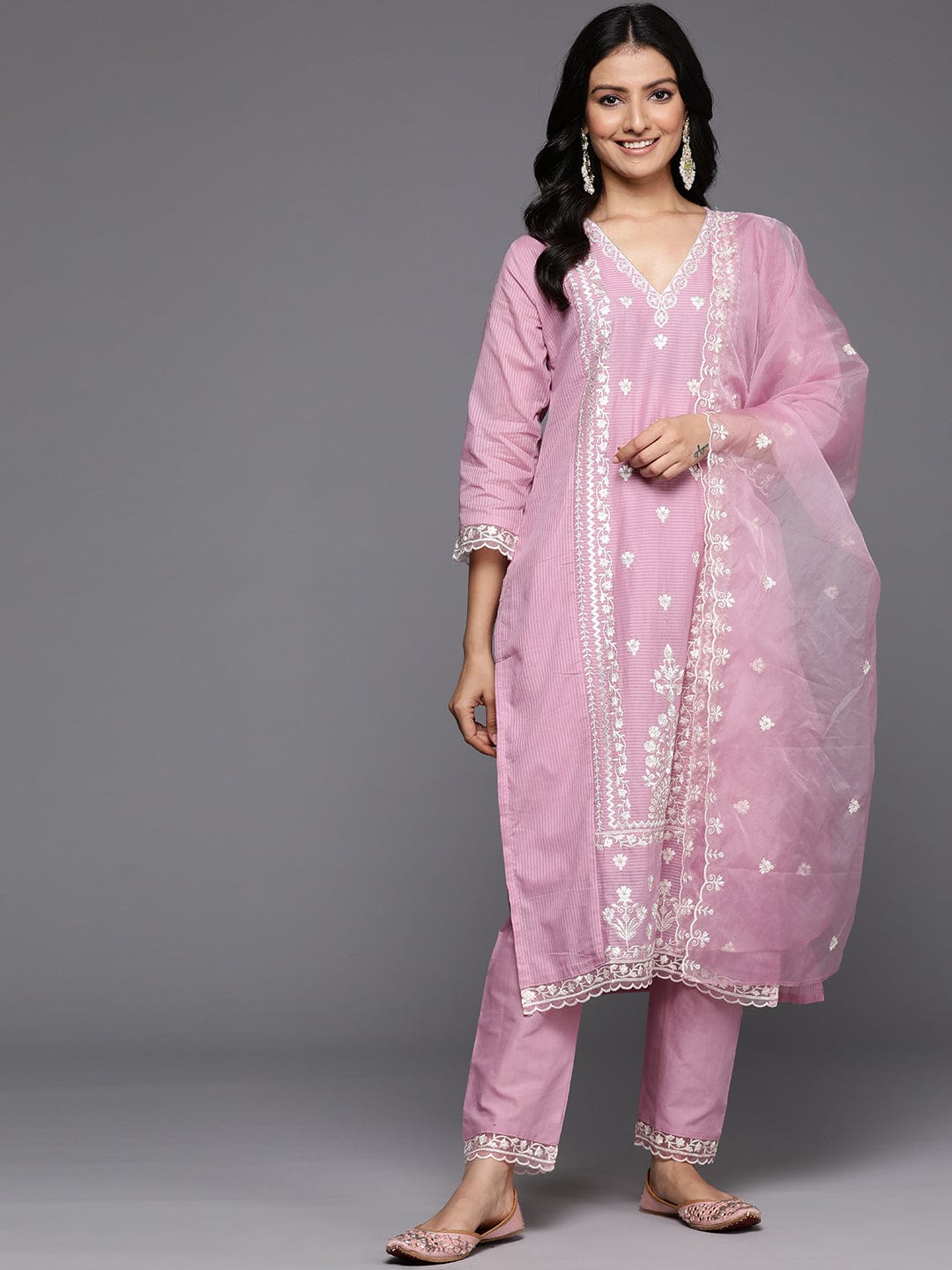 The Kurti Collection Women Pink V Neck Thread & Sequence Embroidered Kurta Paired With Bottom & Embroidered Organza Dupatta
