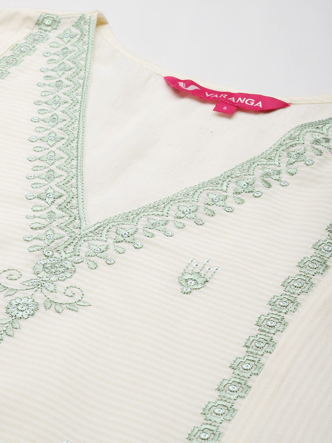 The Kurti Collection Women Cream V Neck Thread & Sequence Embroidered Kurta Paired With Bottom & Embroidered Organza Dupatta