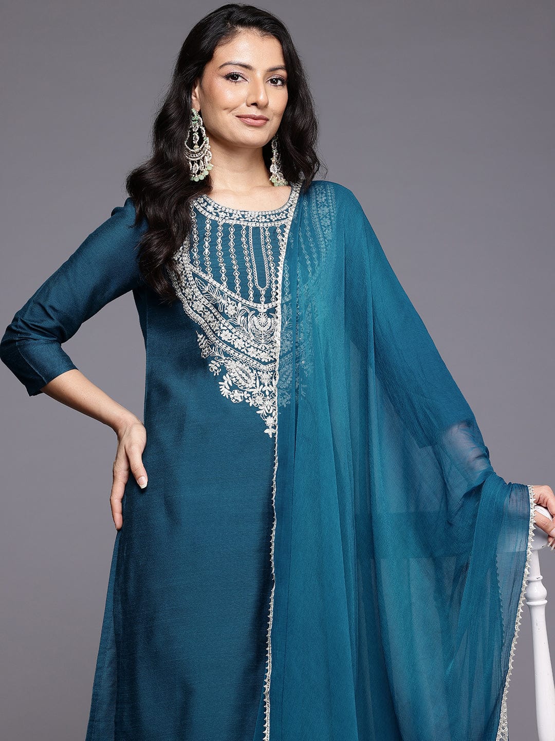 The Kurti Collection Women Blue Zari Embroidered Kurta With Bottom And Dupatta