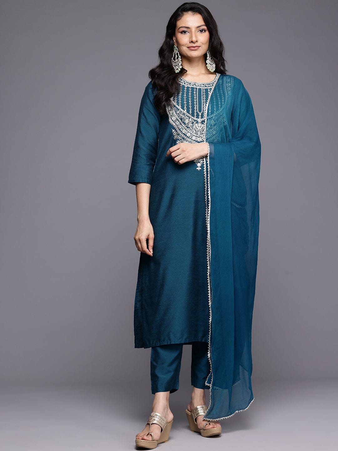 The Kurti Collection Women Blue Zari Embroidered Kurta With Bottom And Dupatta
