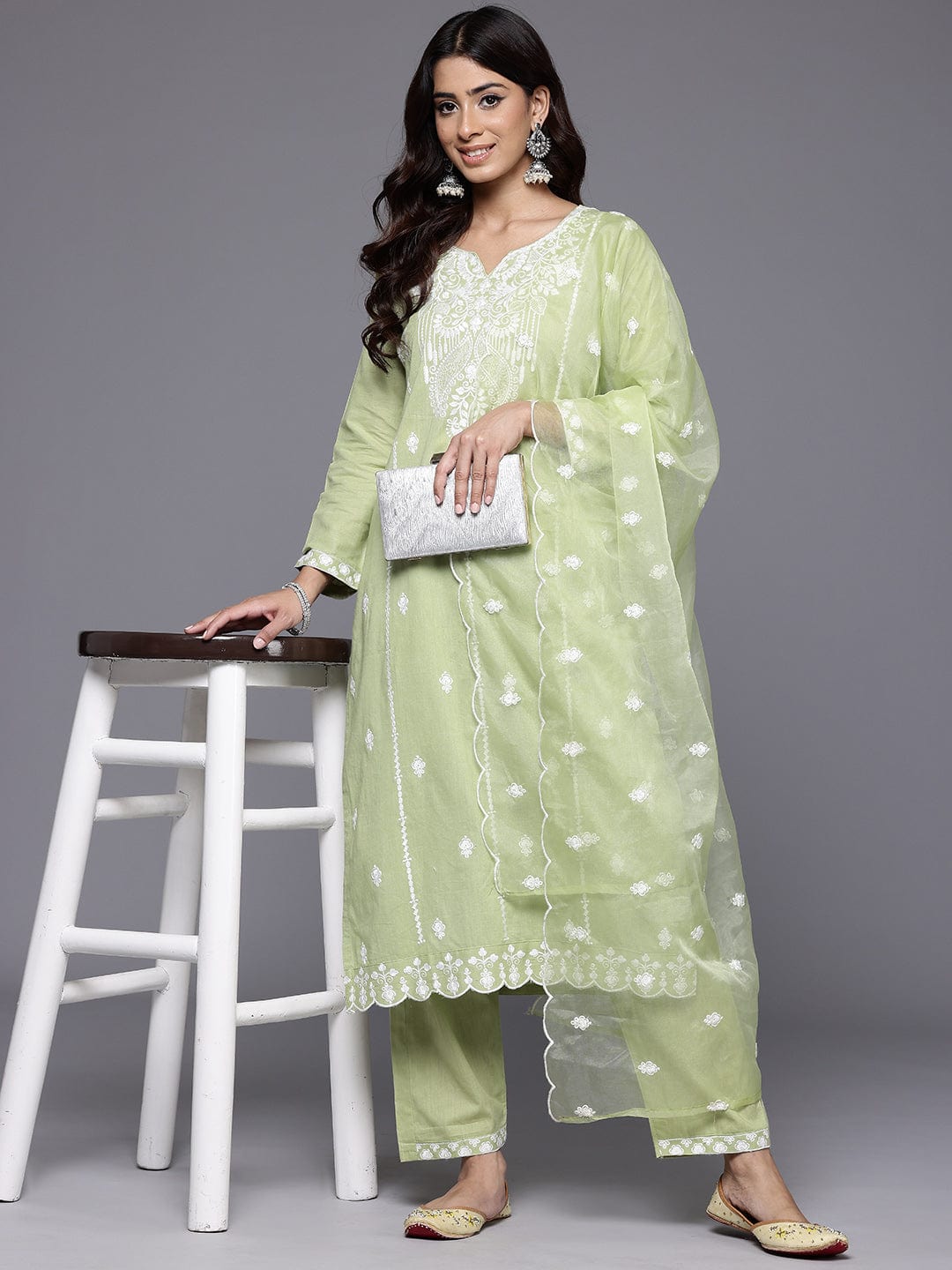 The Kurti Collection Women Sea Green Round Neck Heavy Thread Embroidered Kurta With Bottom & Dupatta