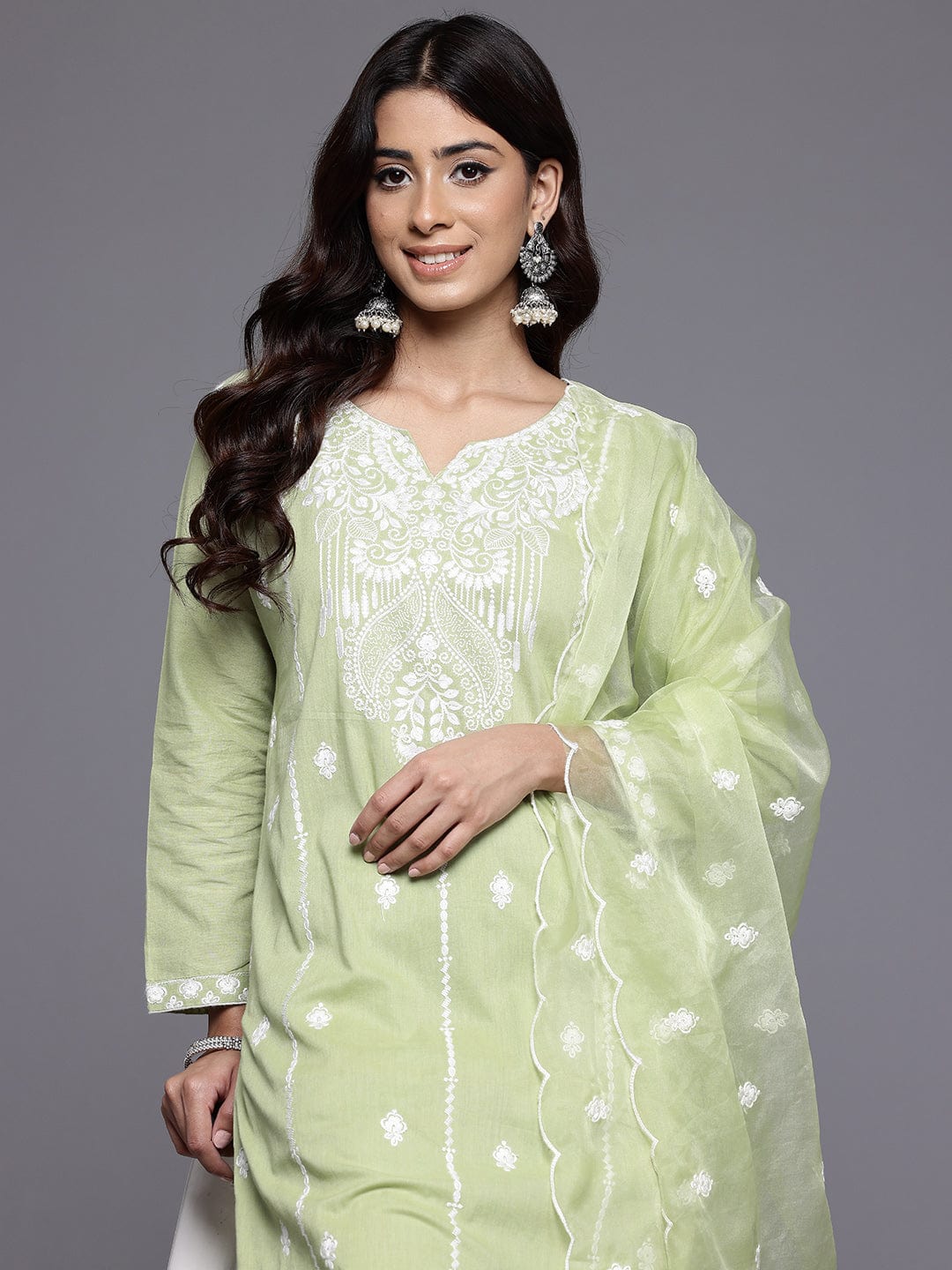 The Kurti Collection Women Sea Green Round Neck Heavy Thread Embroidered Kurta With Bottom & Dupatta