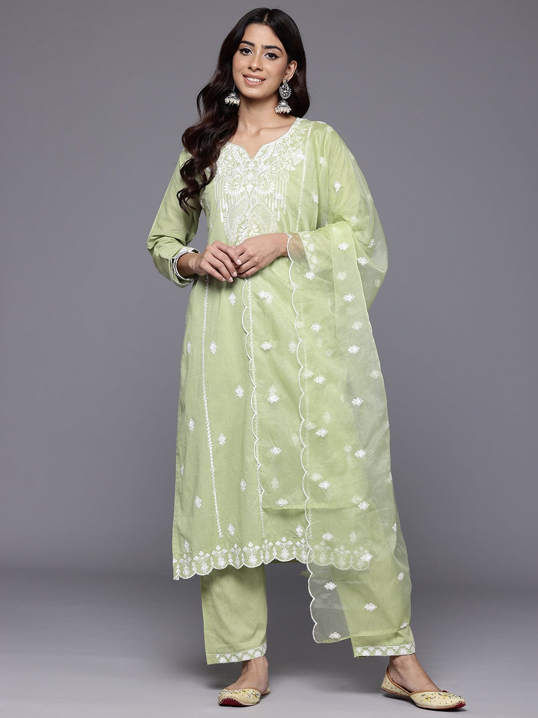 The Kurti Collection Women Sea Green Round Neck Heavy Thread Embroidered Kurta With Bottom & Dupatta