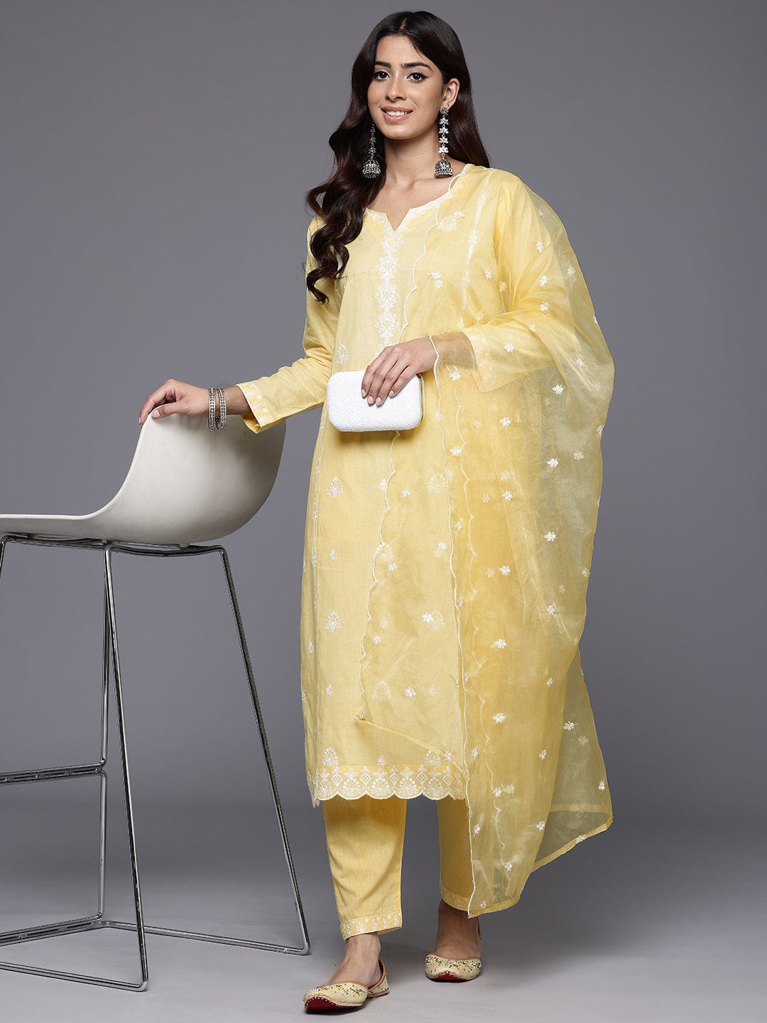 The Kurti Collection Women Yellow Round Neck Heavy Thread Embroidered Kurta With Bottom & Dupatta