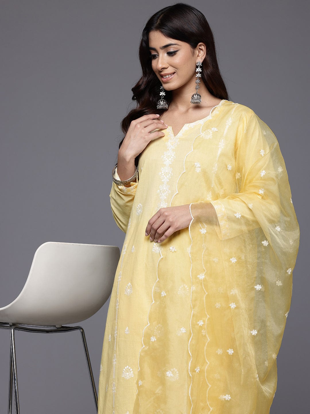 The Kurti Collection Women Yellow Round Neck Heavy Thread Embroidered Kurta With Bottom & Dupatta