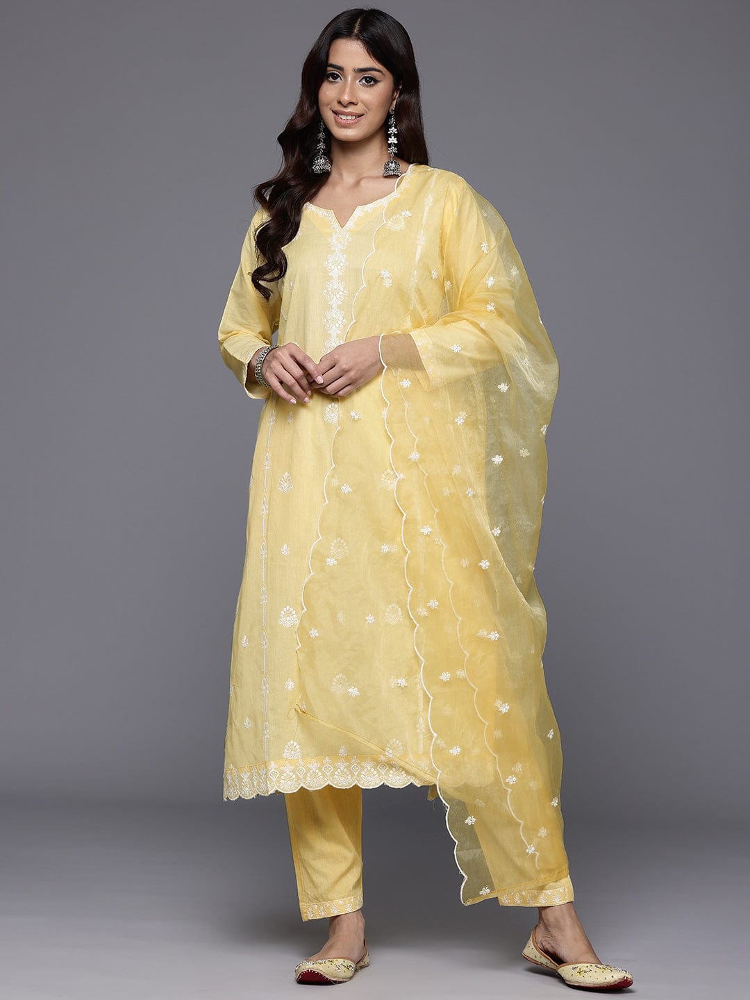 The Kurti Collection Women Yellow Round Neck Heavy Thread Embroidered Kurta With Bottom & Dupatta