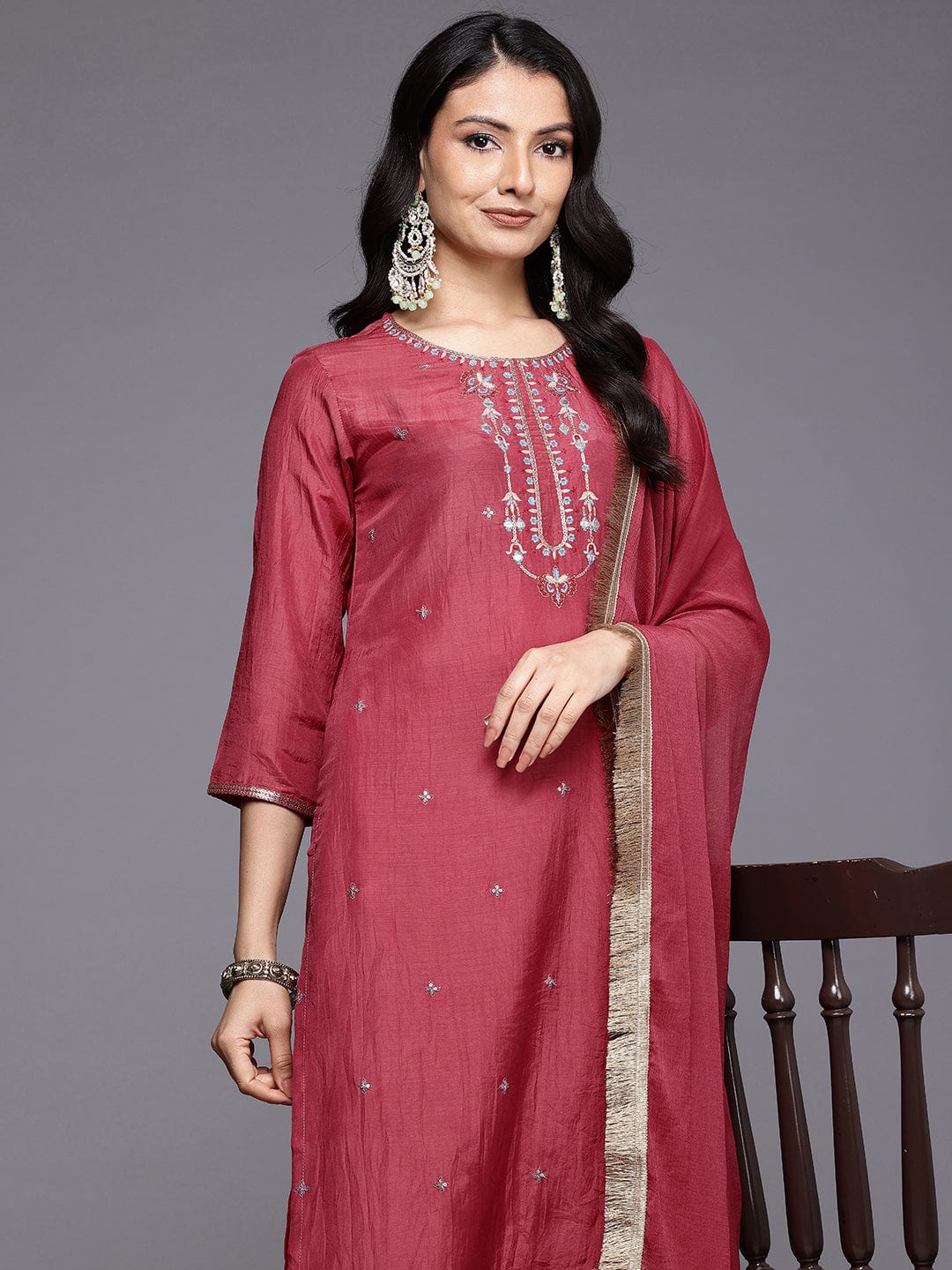 The Kurti Collection Women Maroon Thread And Zari Embroidered Sequins Embellished Kurta Set With Dupatta