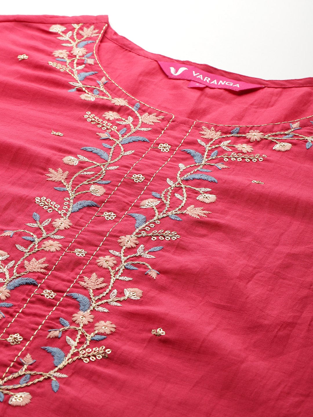 The Kurti Collection Women Fuchsia Thread and Zari Embroidered Sequins Embellished Kurta Set with Dupatta