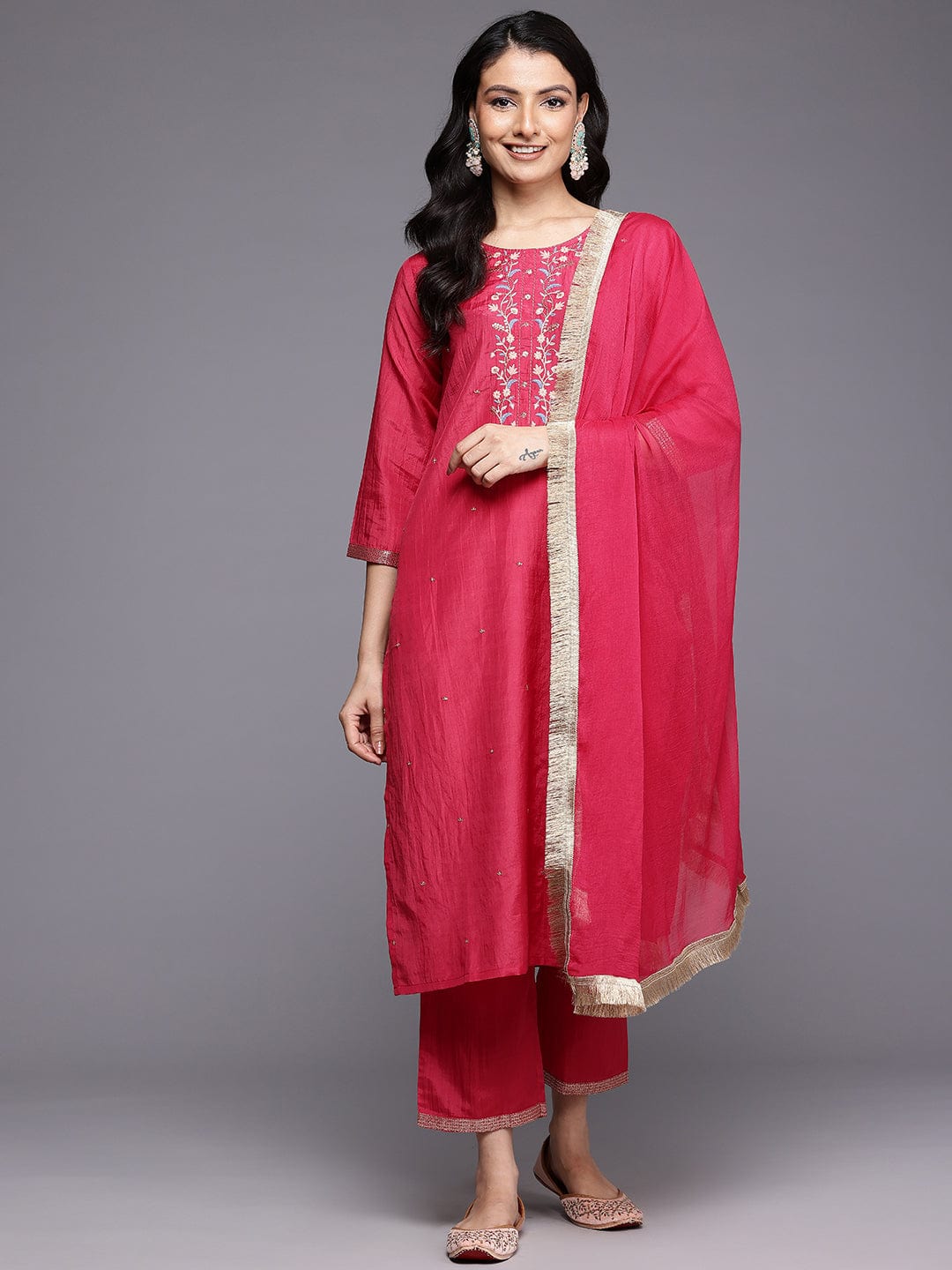 The Kurti Collection Women Fuchsia Thread and Zari Embroidered Sequins Embellished Kurta Set with Dupatta