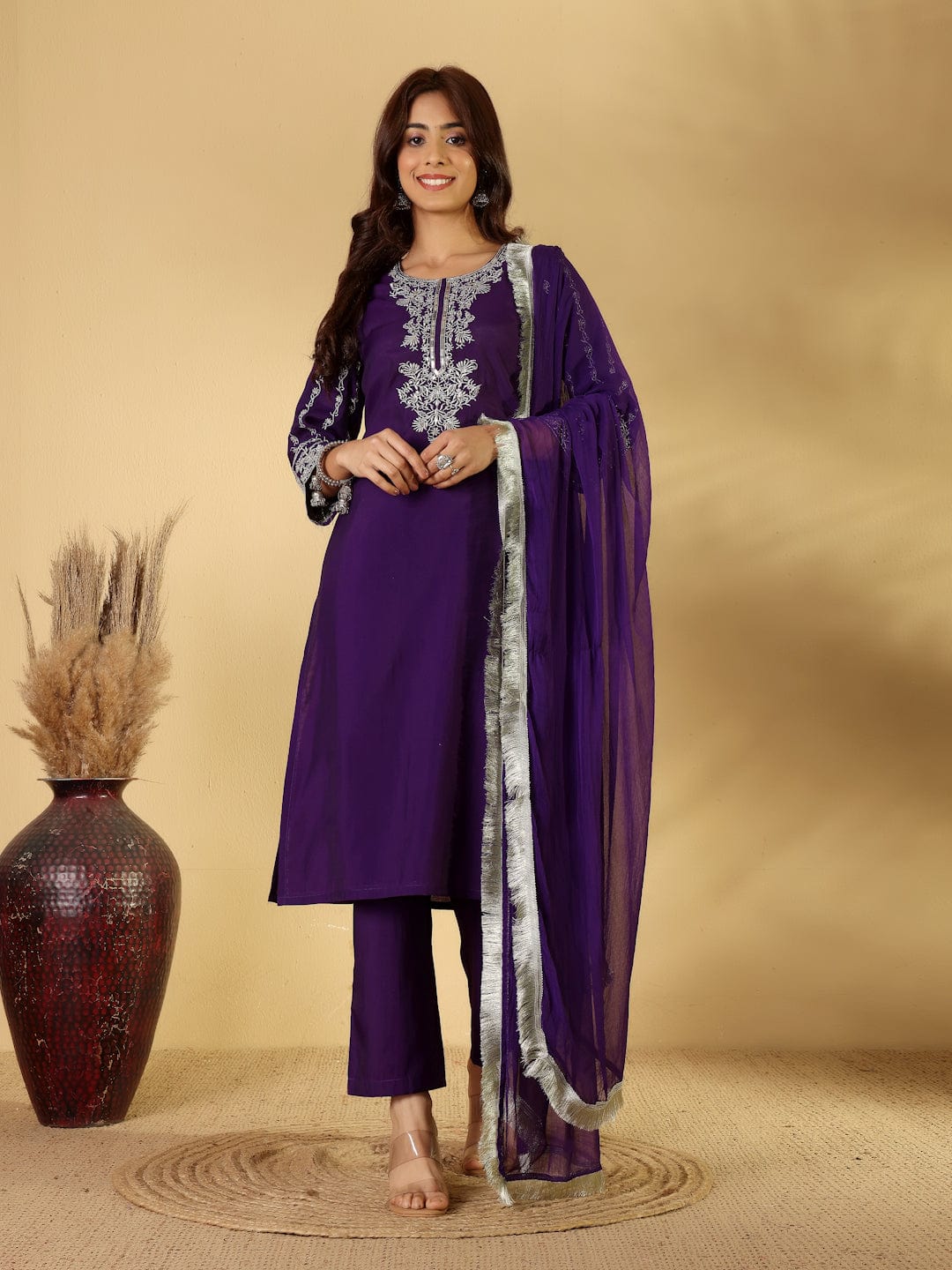 The Kurti Collection Women Silk Navy Blue Zari Embroidered Kurta Set With Dupatta
