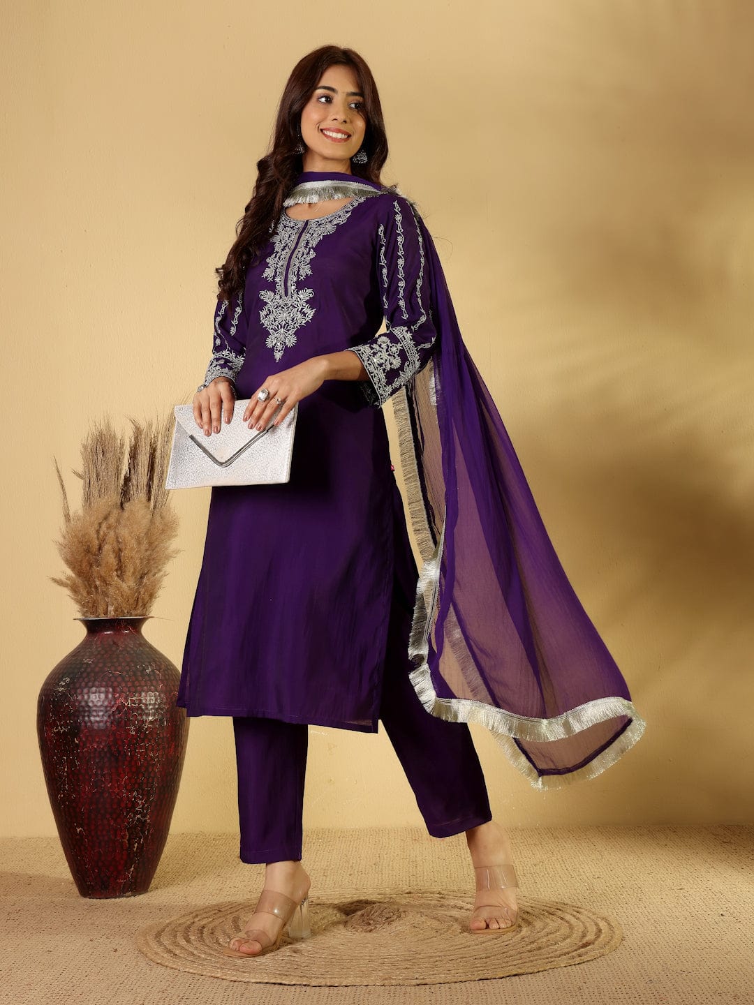 The Kurti Collection Women Silk Navy Blue Zari Embroidered Kurta Set With Dupatta