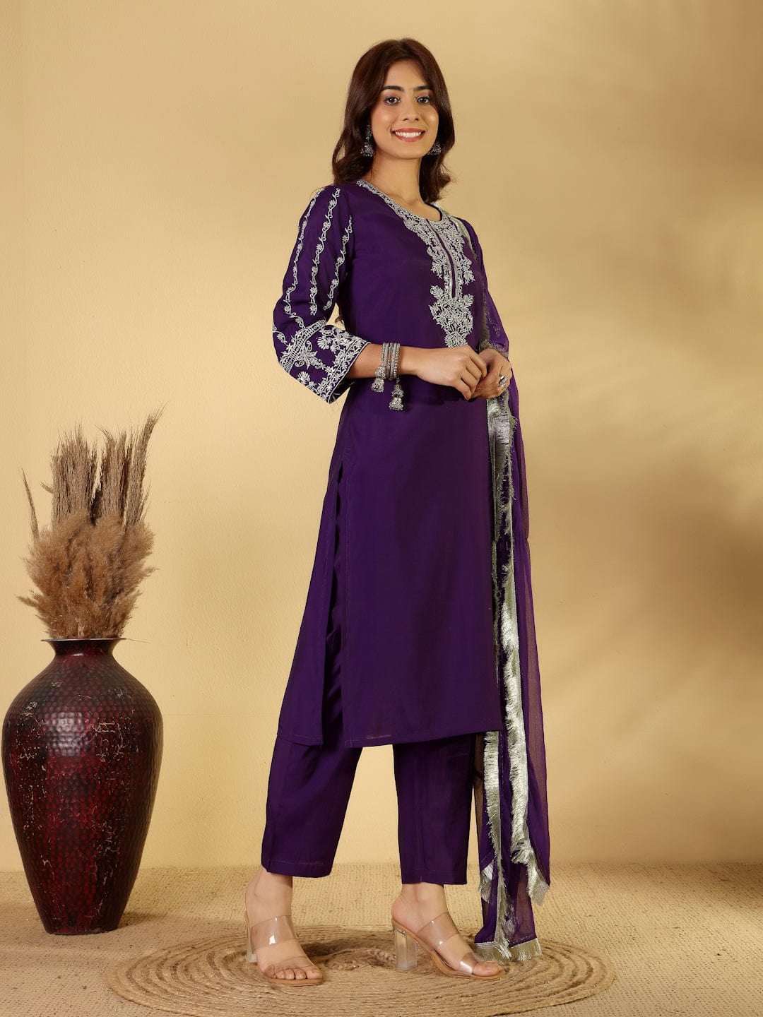The Kurti Collection Women Silk Navy Blue Zari Embroidered Kurta Set With Dupatta