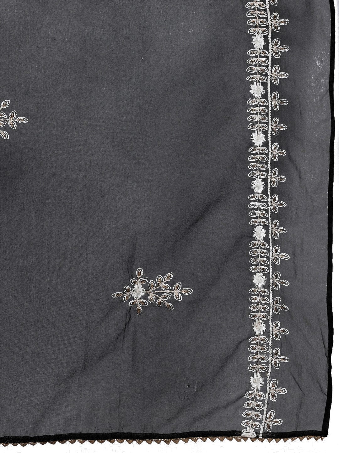 The Kurti Collection Women Black Round Neck Thread Embroidered Kurta Paired With Bottom And Dupatta