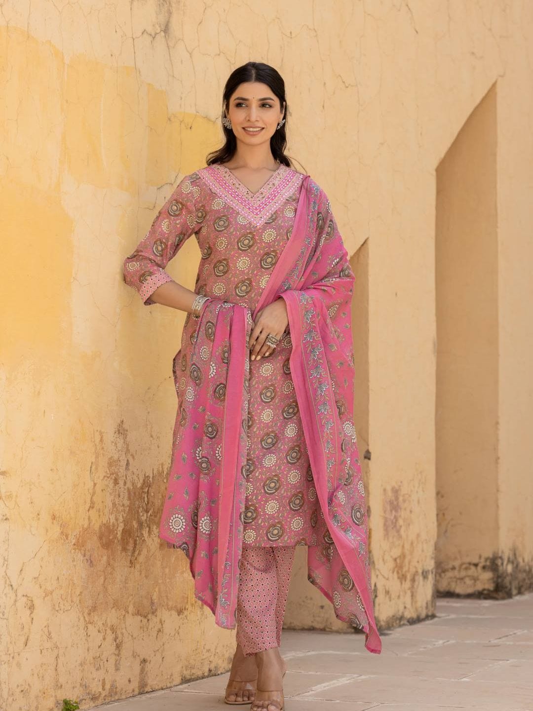 The Kurti Collection Women Pink V Neck Printed Kurta With Bottom And Dupatta