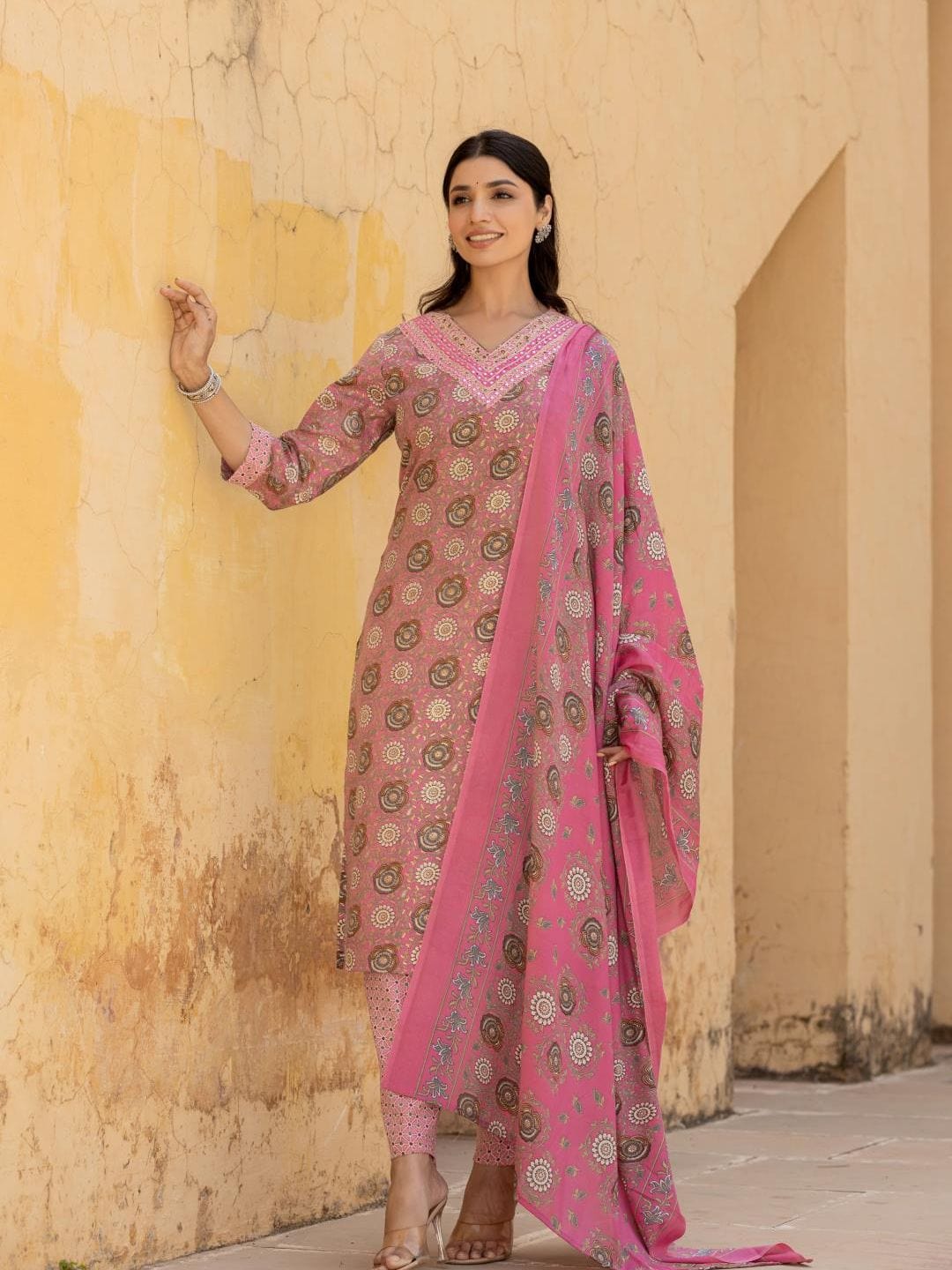 The Kurti Collection Women Pink V Neck Printed Kurta With Bottom And Dupatta