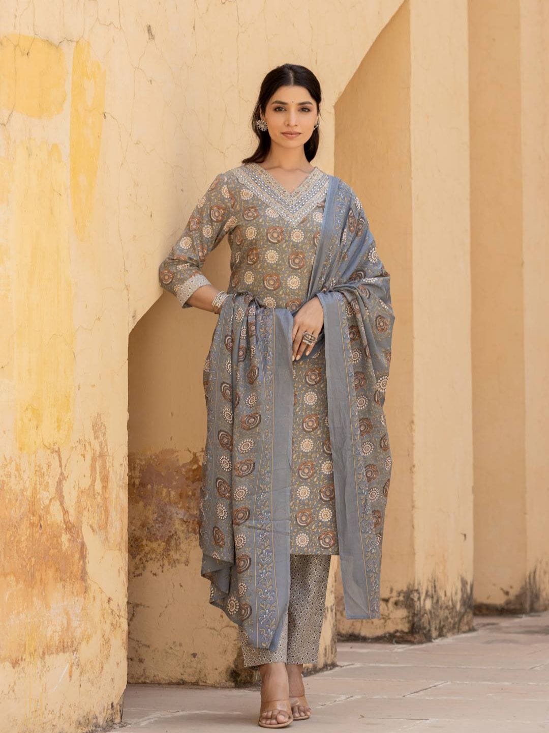 The Kurti Collection Women Grey V Neck Printed Kurta With Bottom And Dupatta