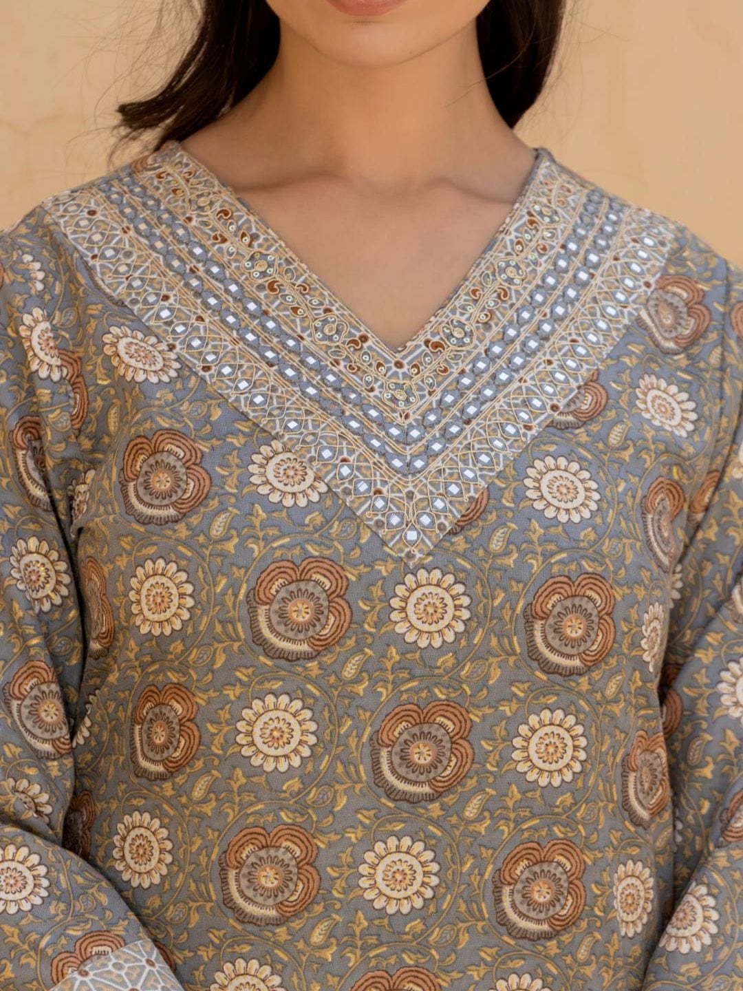 The Kurti Collection Women Grey V Neck Printed Kurta With Bottom And Dupatta