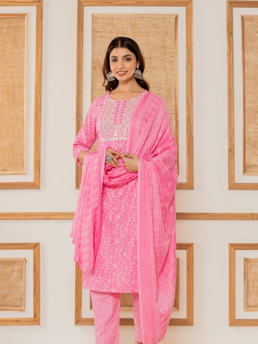The Kurti Collection Women Pink Floral Printed Embroidered Kurta Paired With Bottom And Dupatta
