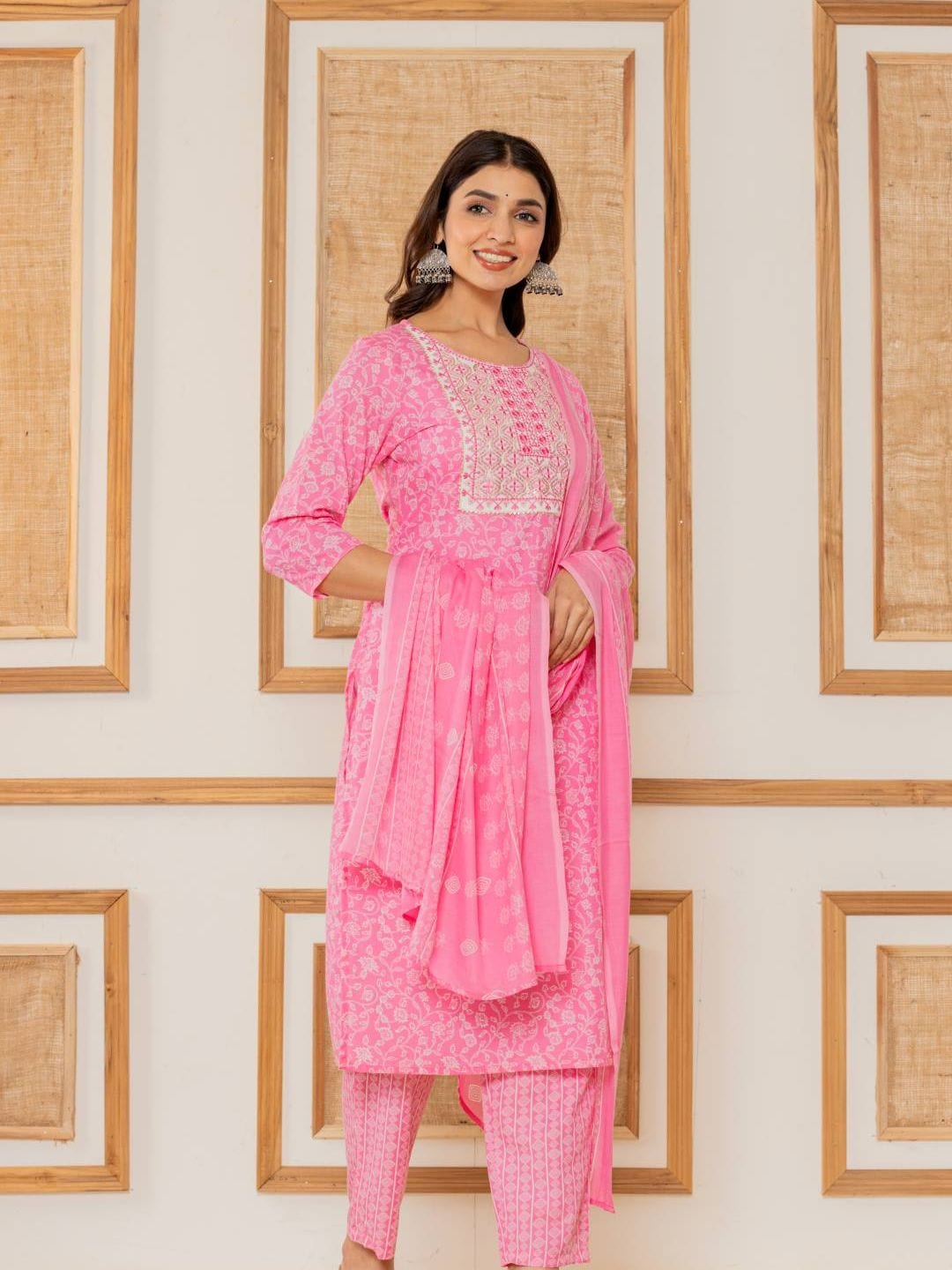 The Kurti Collection Women Pink Floral Printed Embroidered Kurta Paired With Bottom And Dupatta