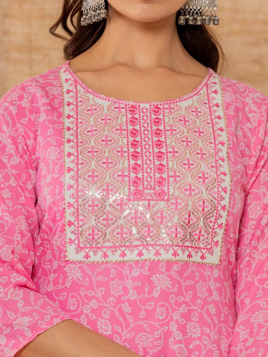 The Kurti Collection Women Pink Floral Printed Embroidered Kurta Paired With Bottom And Dupatta
