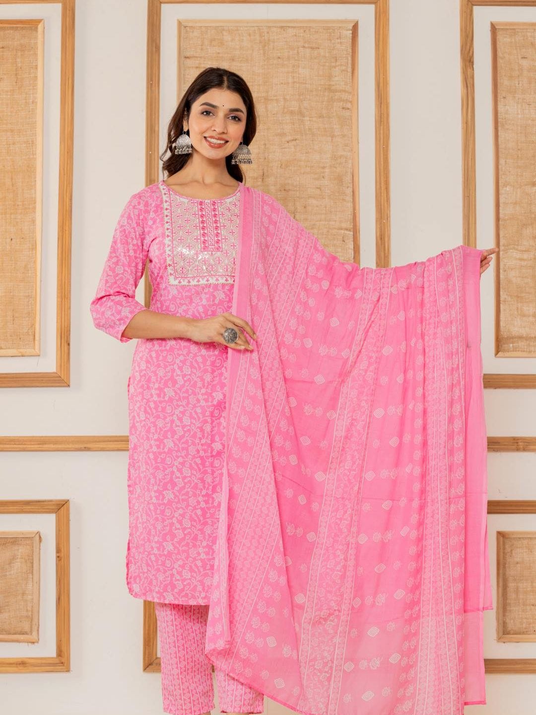 The Kurti Collection Women Pink Floral Printed Embroidered Kurta Paired With Bottom And Dupatta