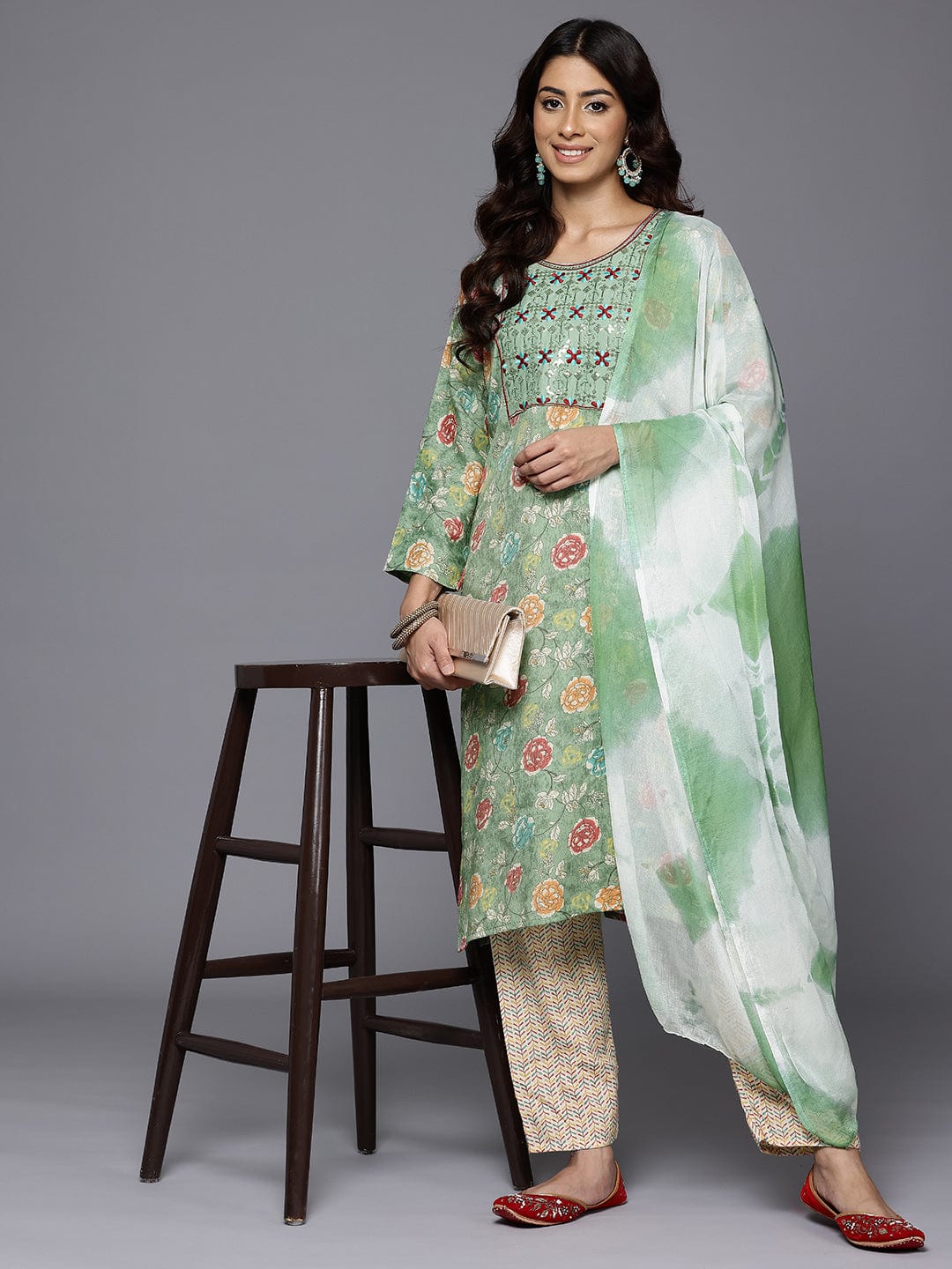 The Kurti Collection Women Mint Green Round Neck Embroidered Yoke Printed Kurta Paired With Printed Bottom & Tie-Dye Dupatta