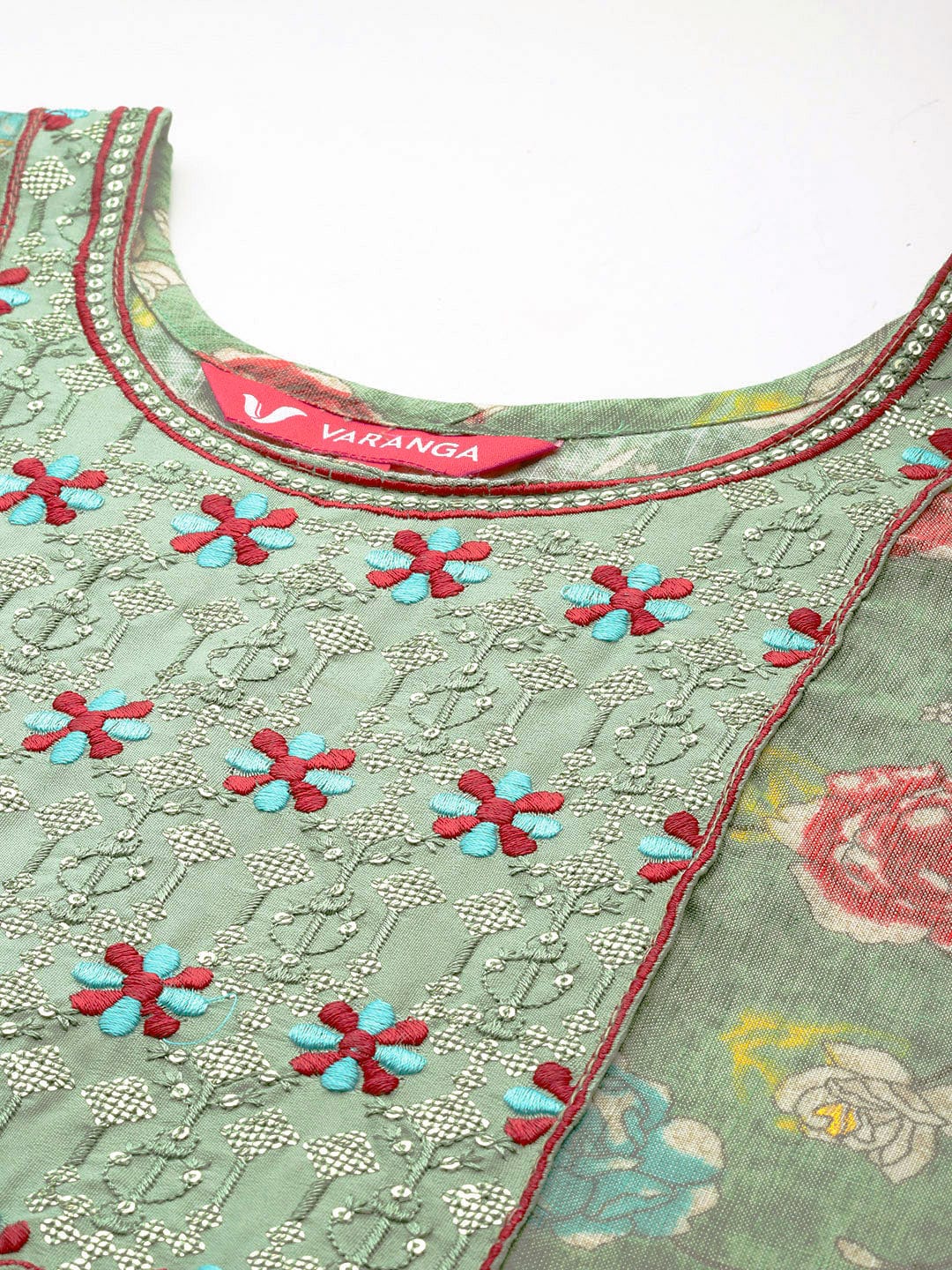 The Kurti Collection Women Mint Green Round Neck Embroidered Yoke Printed Kurta Paired With Printed Bottom & Tie-Dye Dupatta